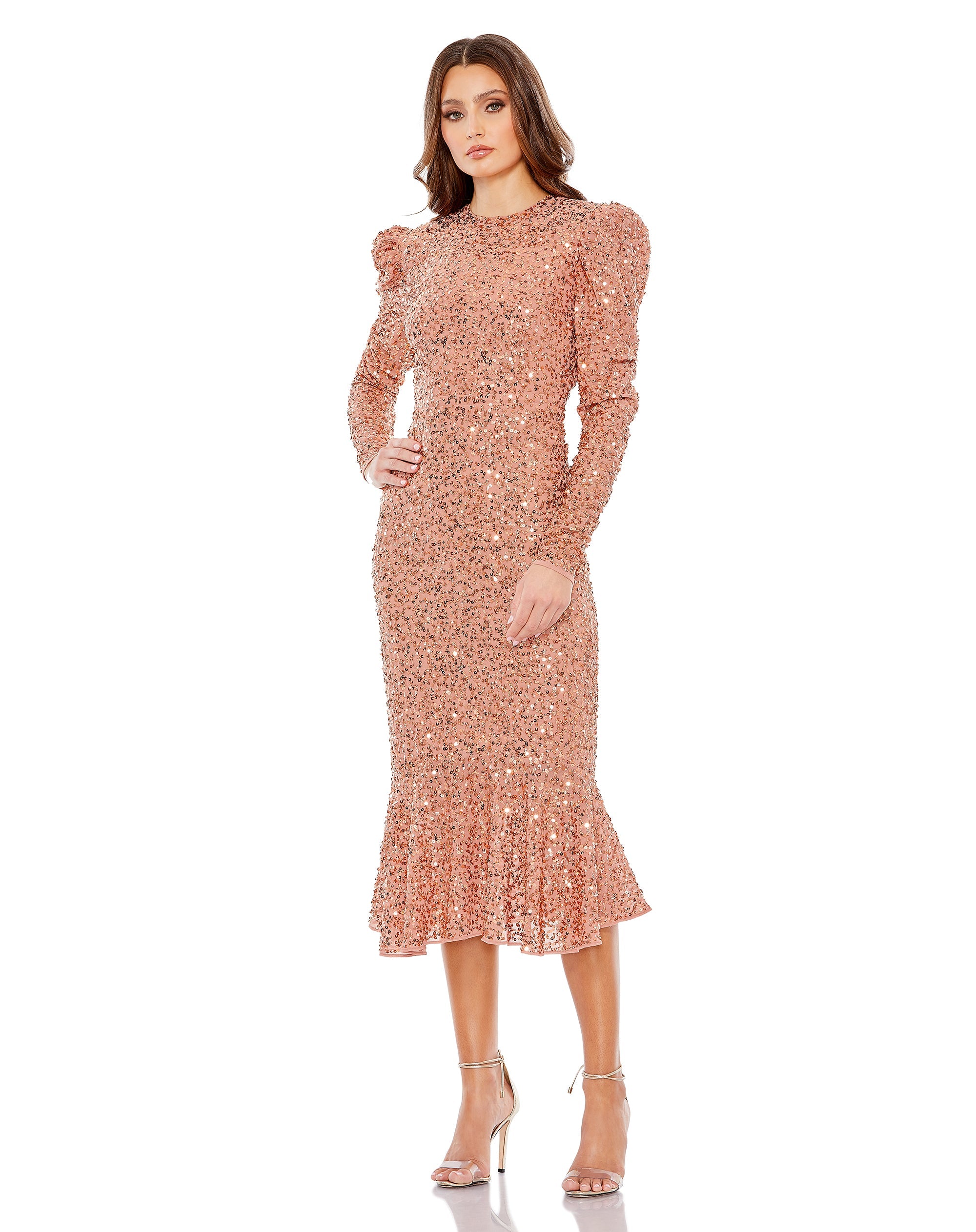 Shop Sequined Long Sleeve High Neck Trumpet Dress Online