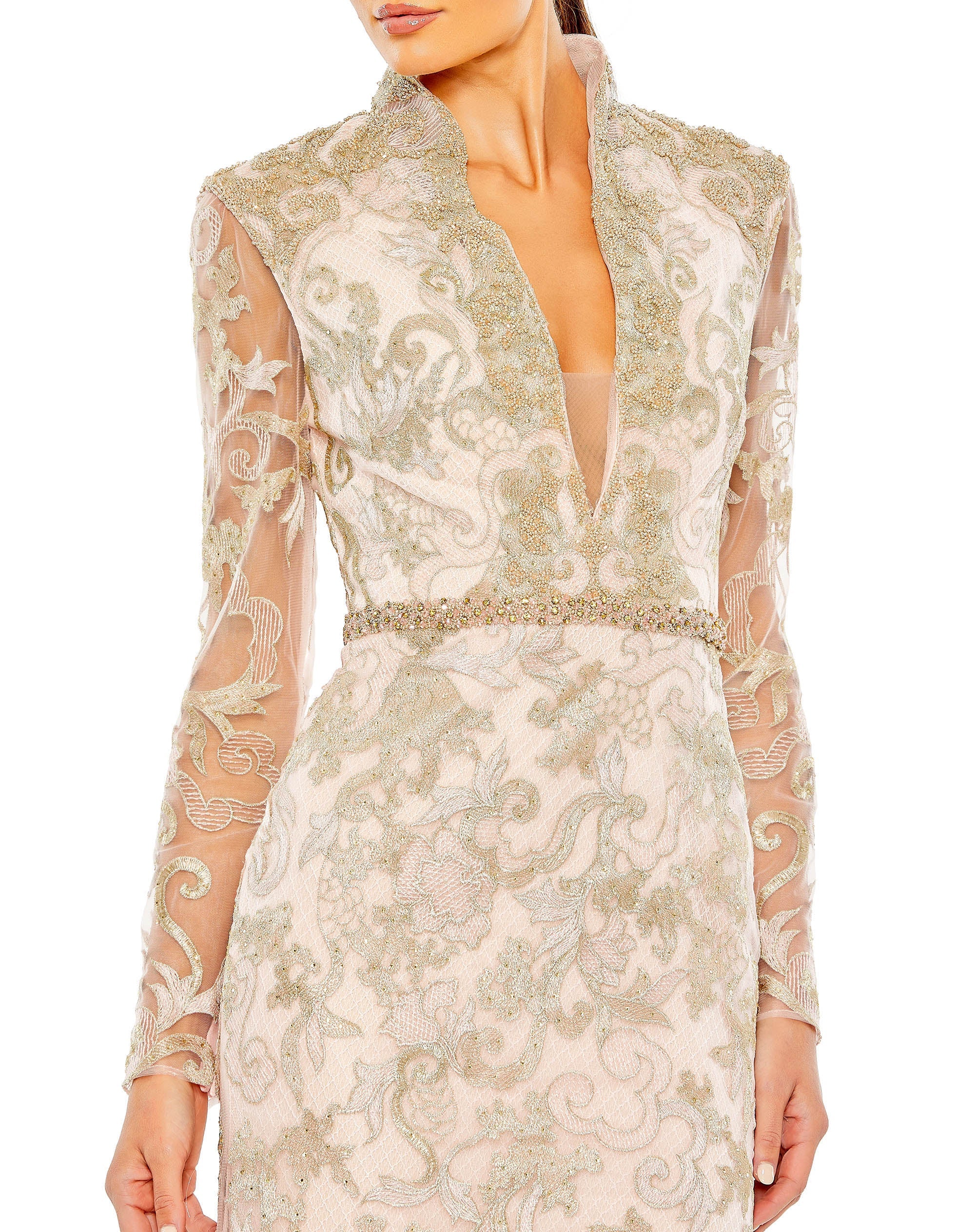 Shop Long Sleeve Applique V-Neck Gown Online