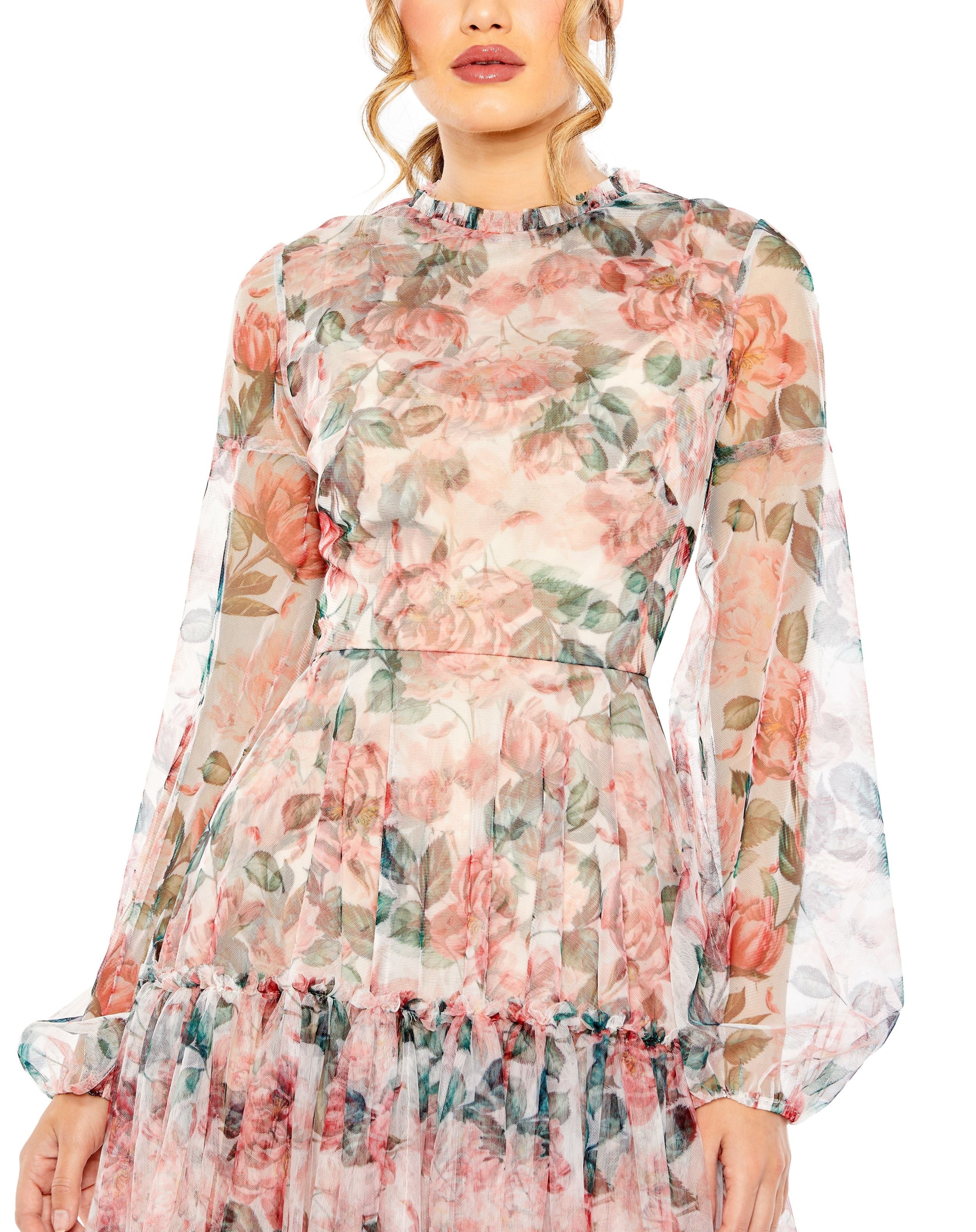 Shop Long Sleeve High Neck Long Balloon Sleeve Midi Dress Online