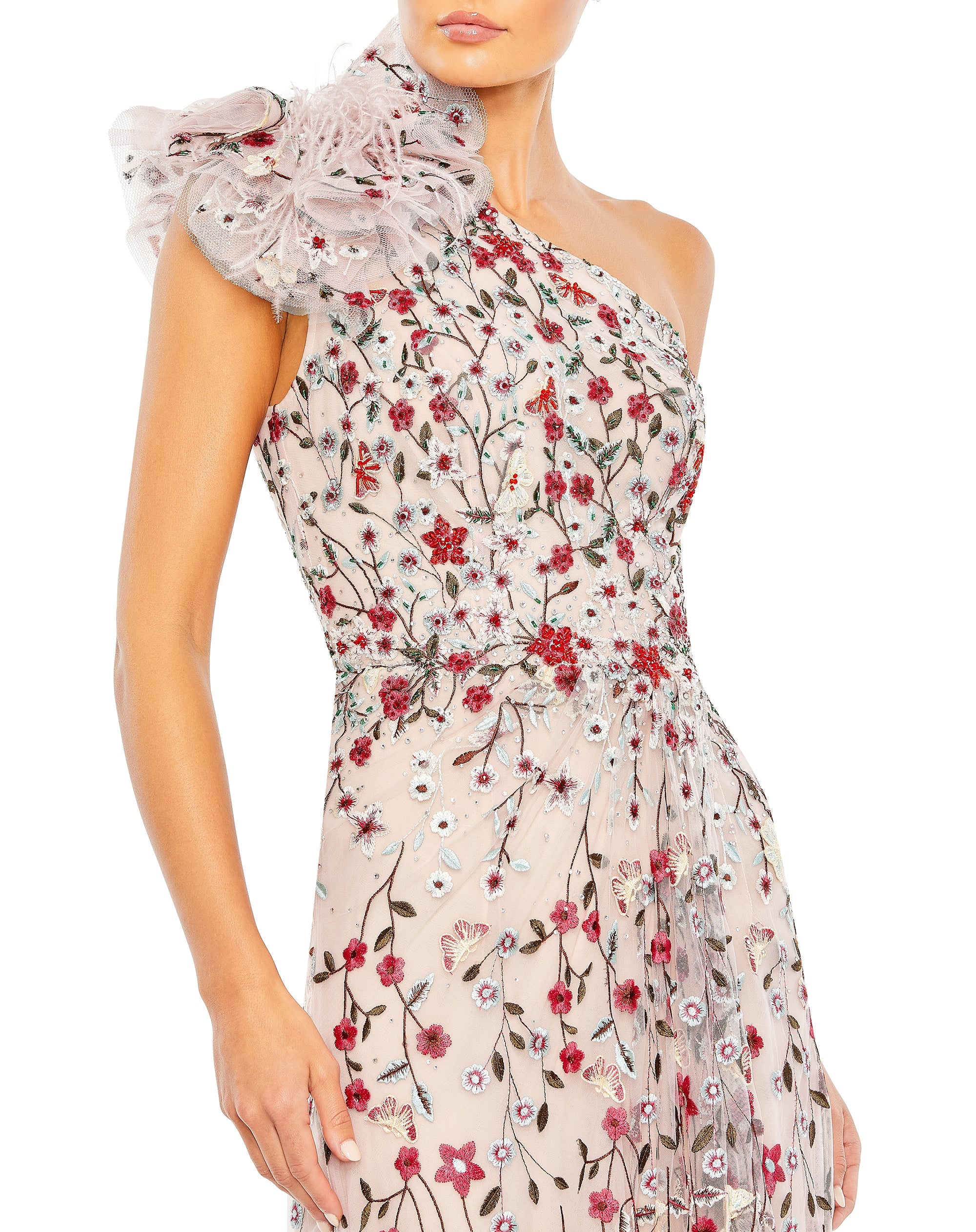 Shop Embellished Ruffled One Shoulder A Line Gown Online