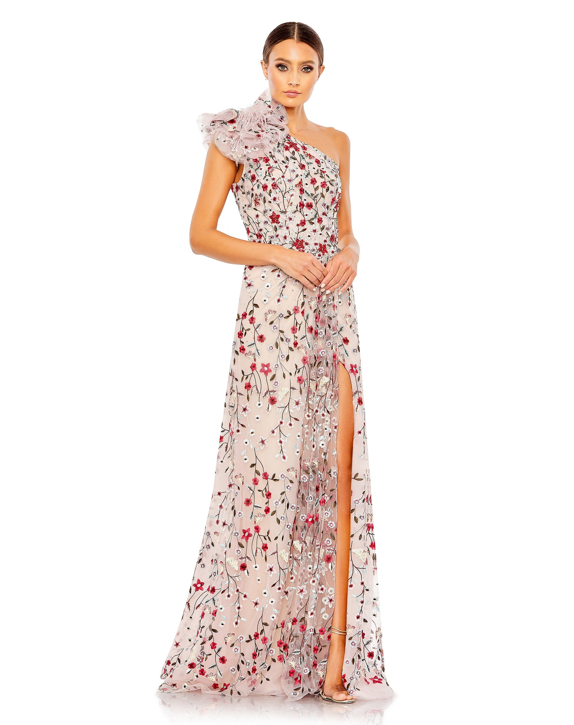 Shop Embellished Ruffled One Shoulder A Line Gown Online