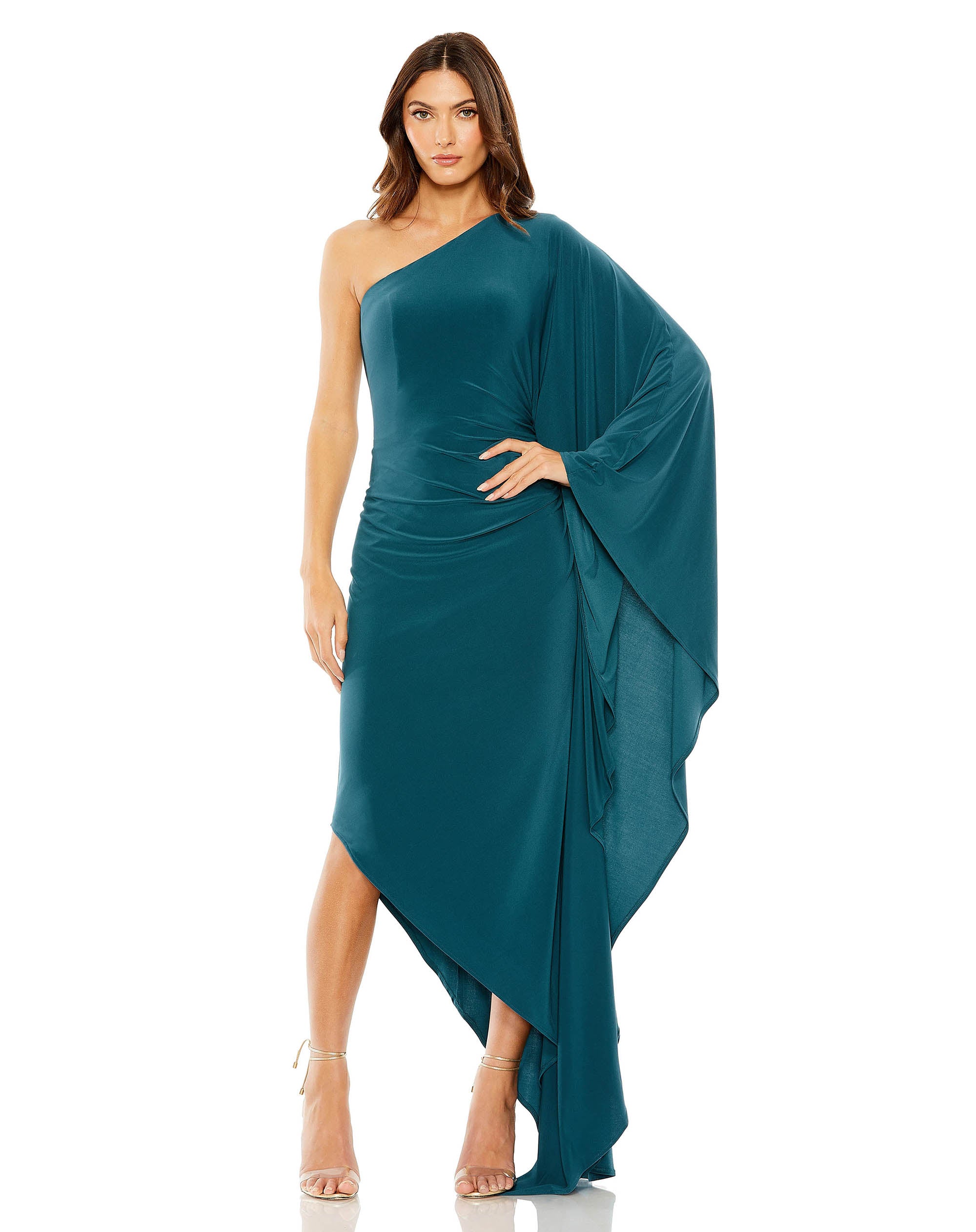 Shop One Shoulder Cape Sleeve Ruched Detail Jersey Gown Online