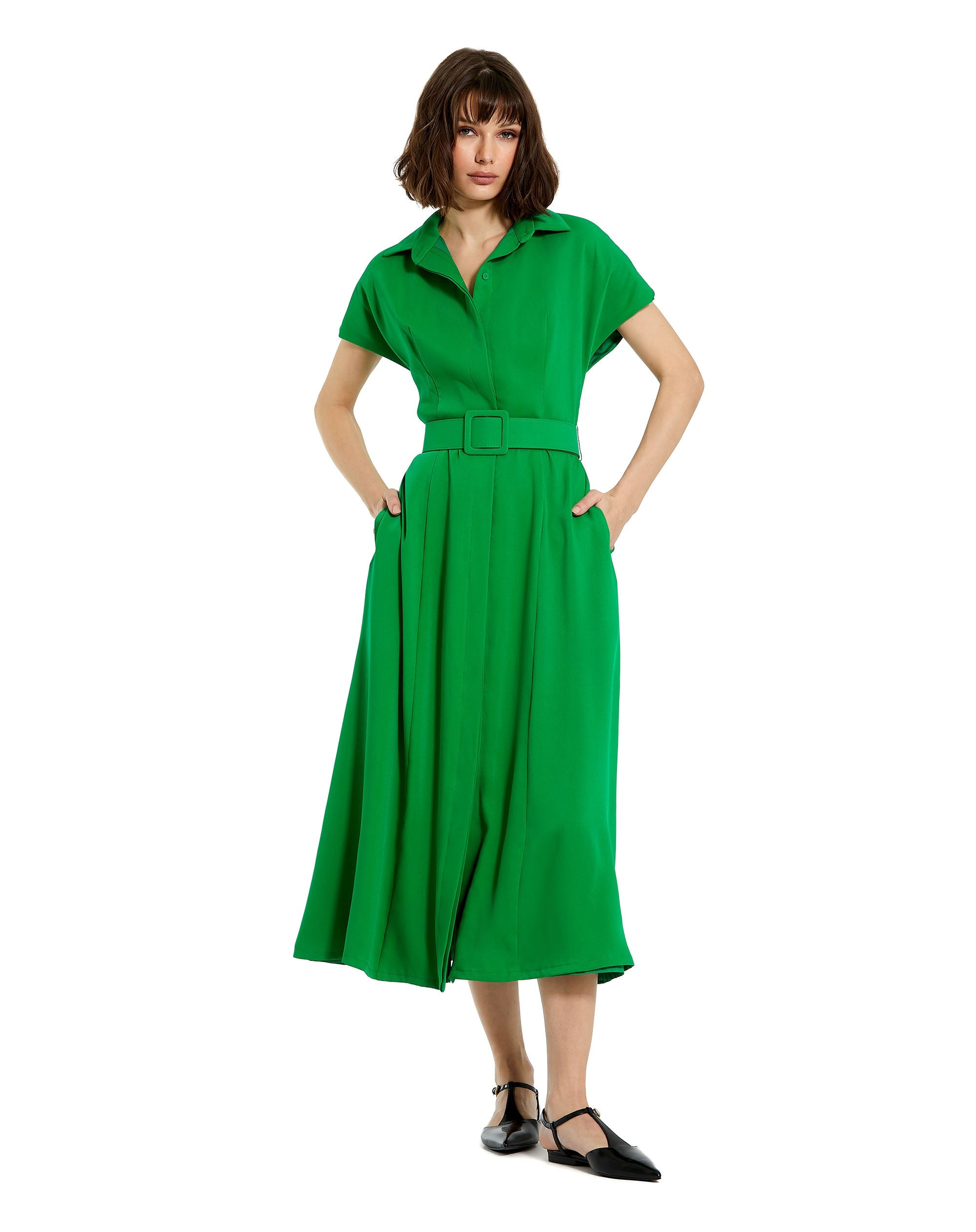 Shop Crepe Collared Short Sleeve Midi Dress With Belt Online