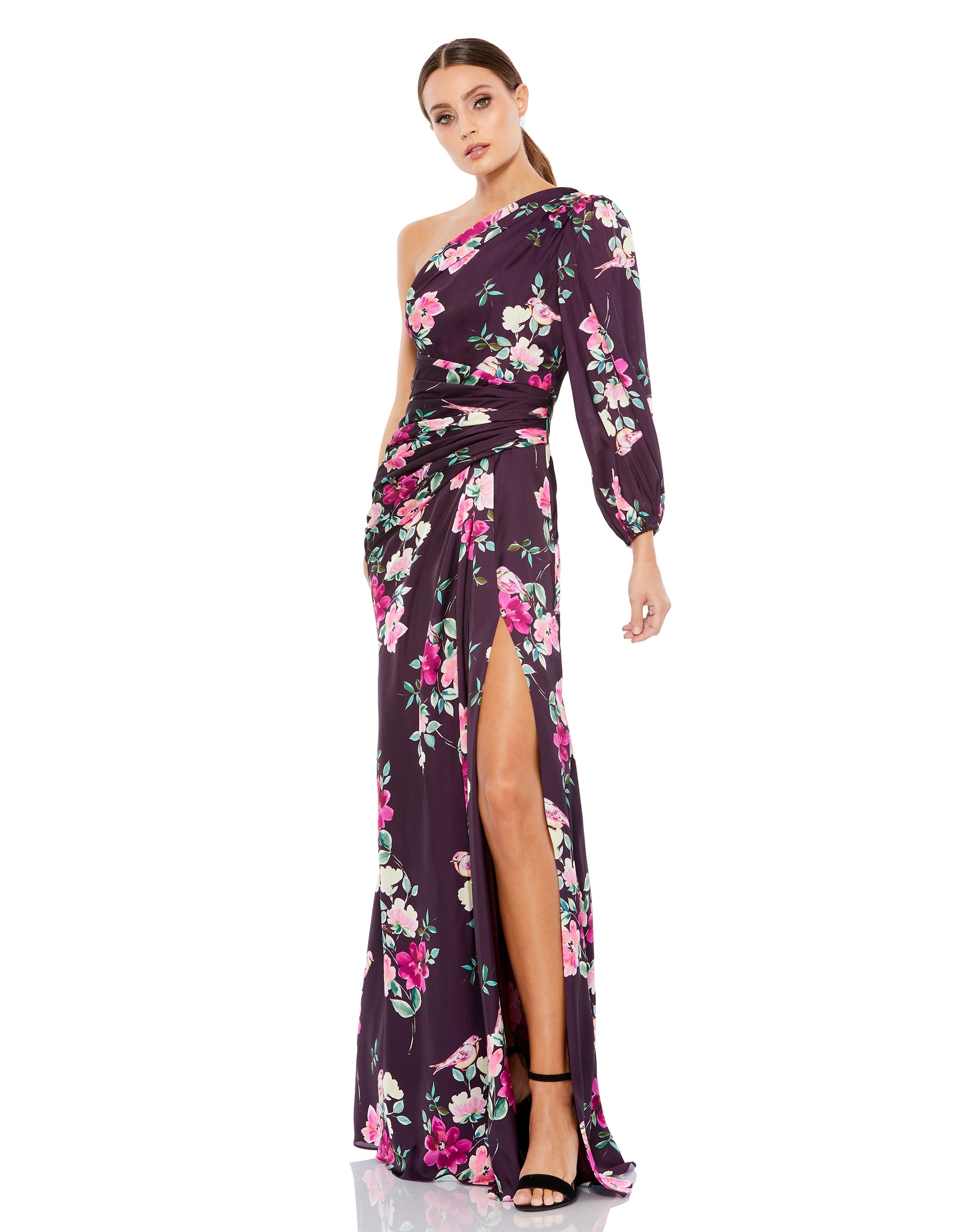 Shop Plum Floral Print One Sleeve Gown Online