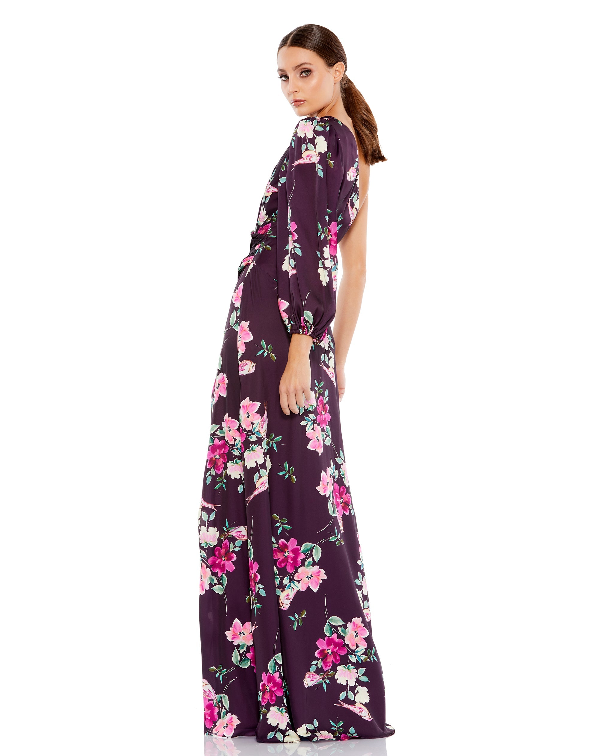 Shop Plum Floral Print One Sleeve Gown Online
