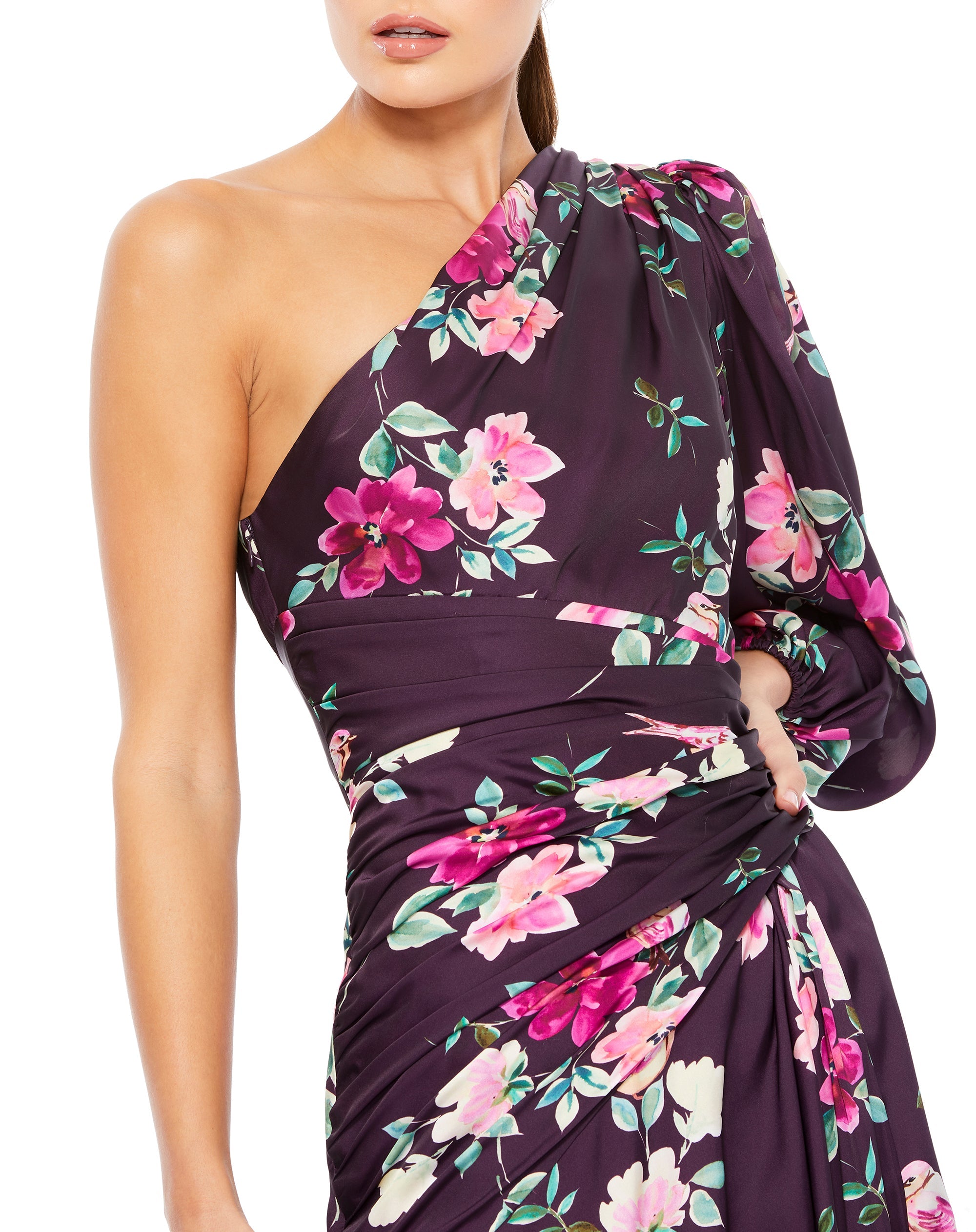 Shop Plum Floral Print One Sleeve Gown Online