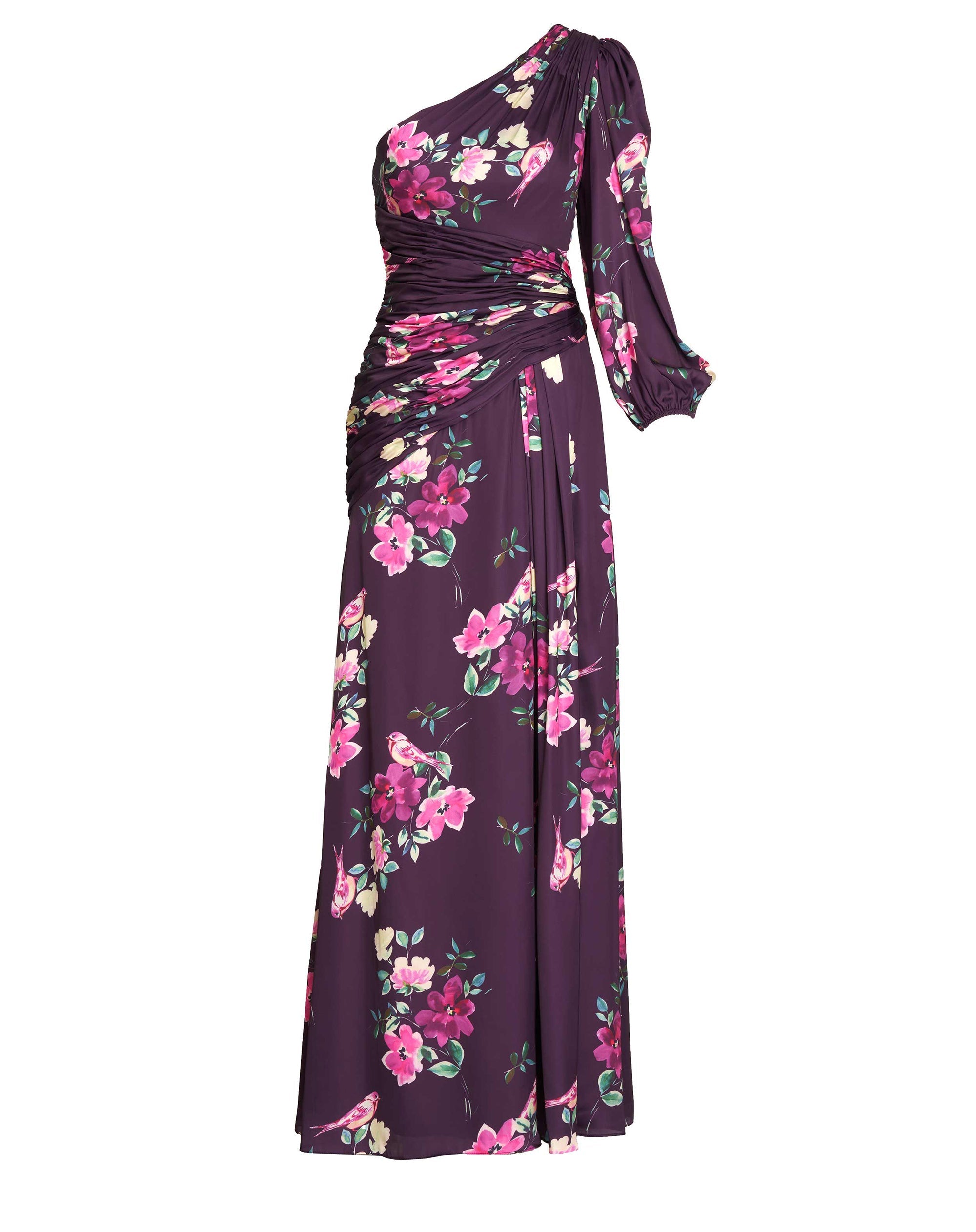 Shop Plum Floral Print One Sleeve Gown Online
