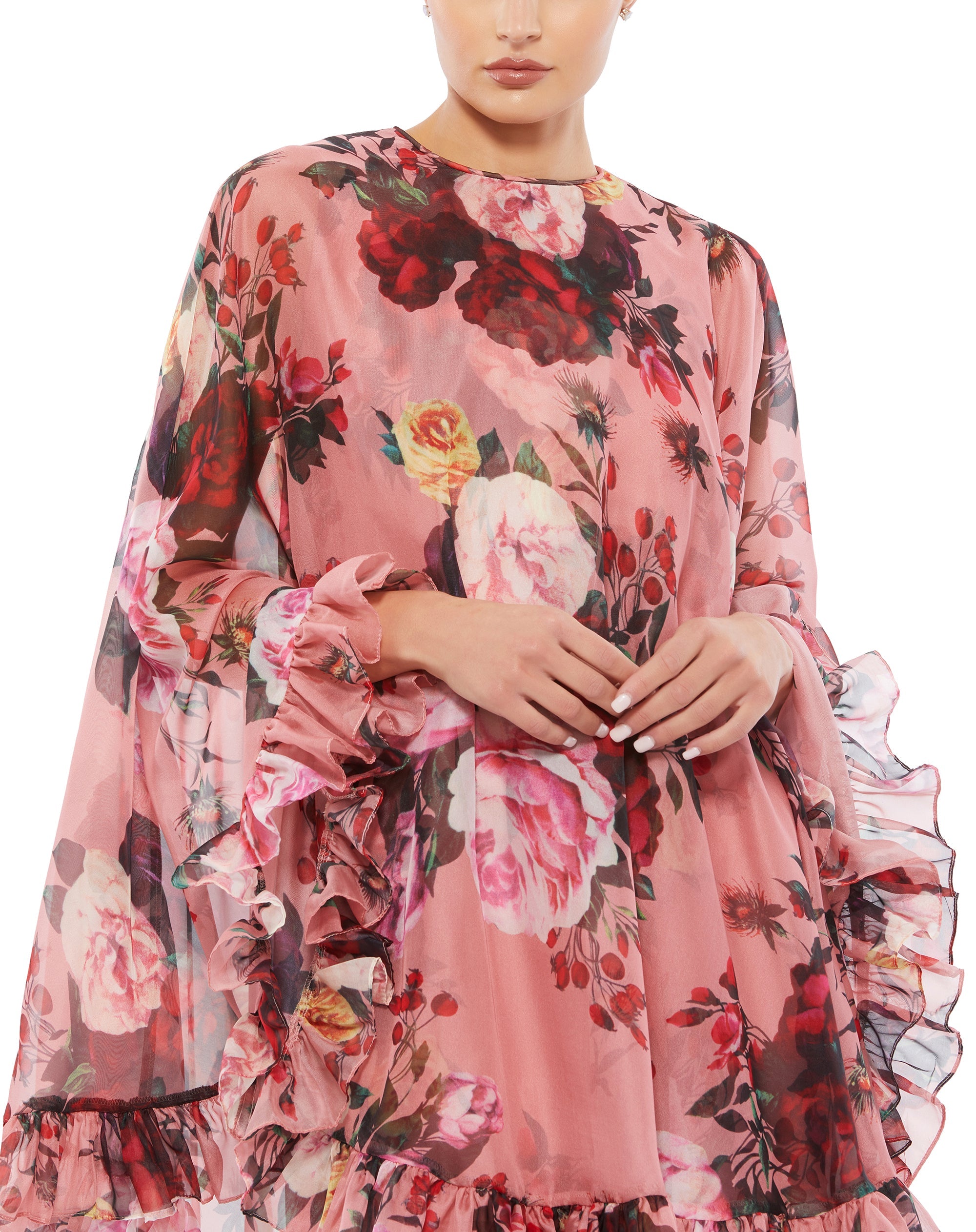 Shop Floral Print High Neck Ruffle Hem Cape Mini Dress Online