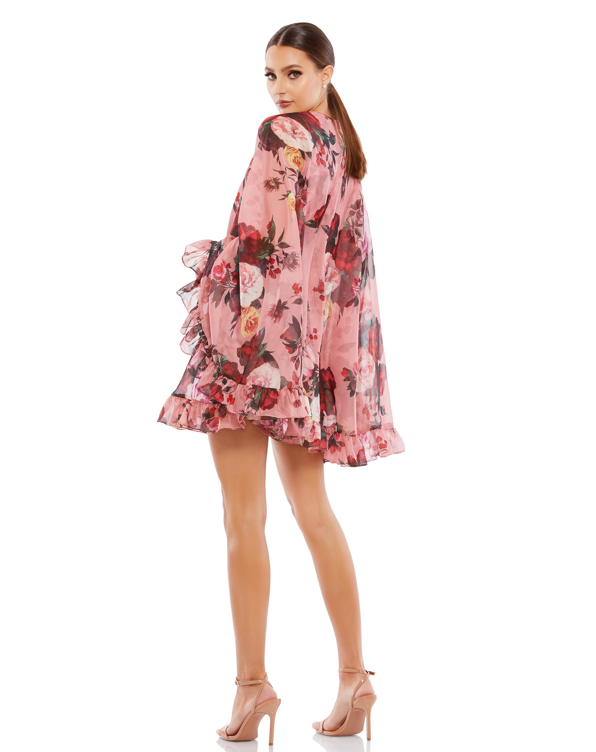 Shop Floral Print High Neck Ruffle Hem Cape Mini Dress Online