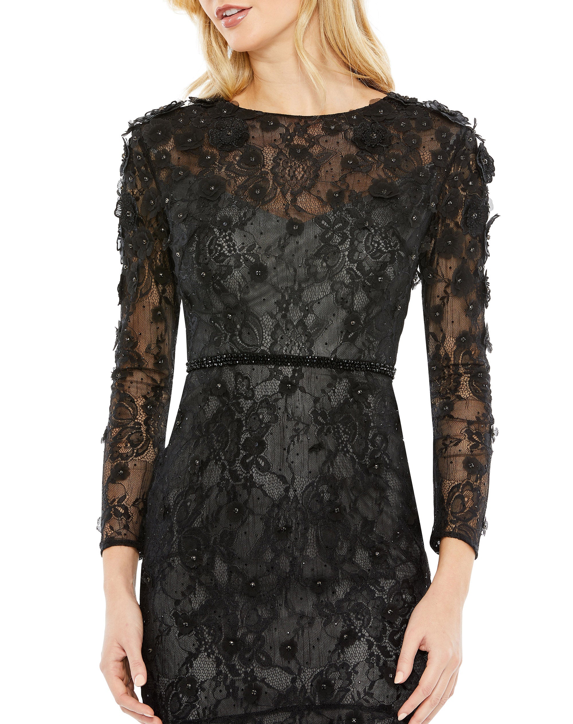 Shop Floral Applique Long Sleeve Cocktail Dress Online