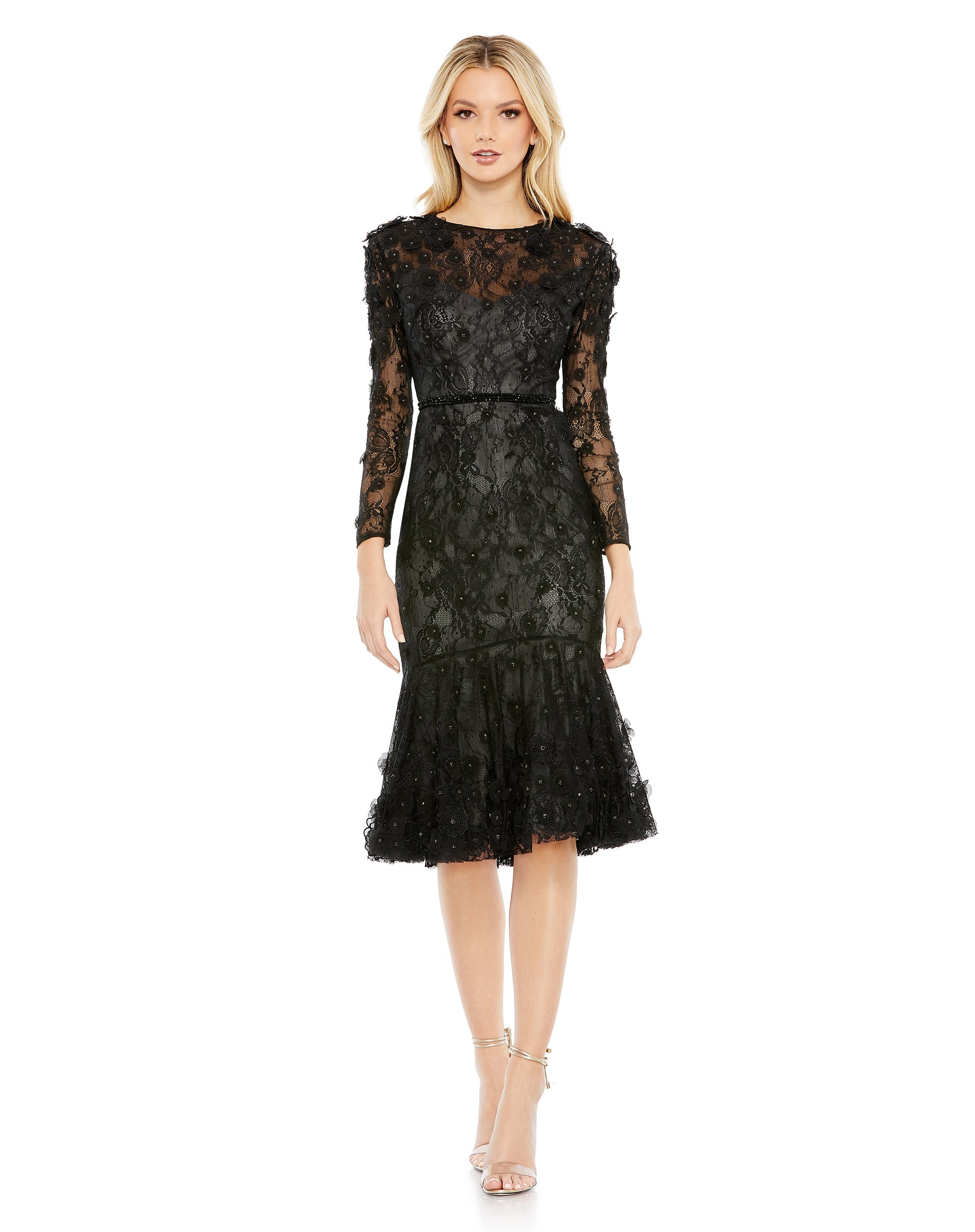 Shop Floral Applique Long Sleeve Cocktail Dress Online