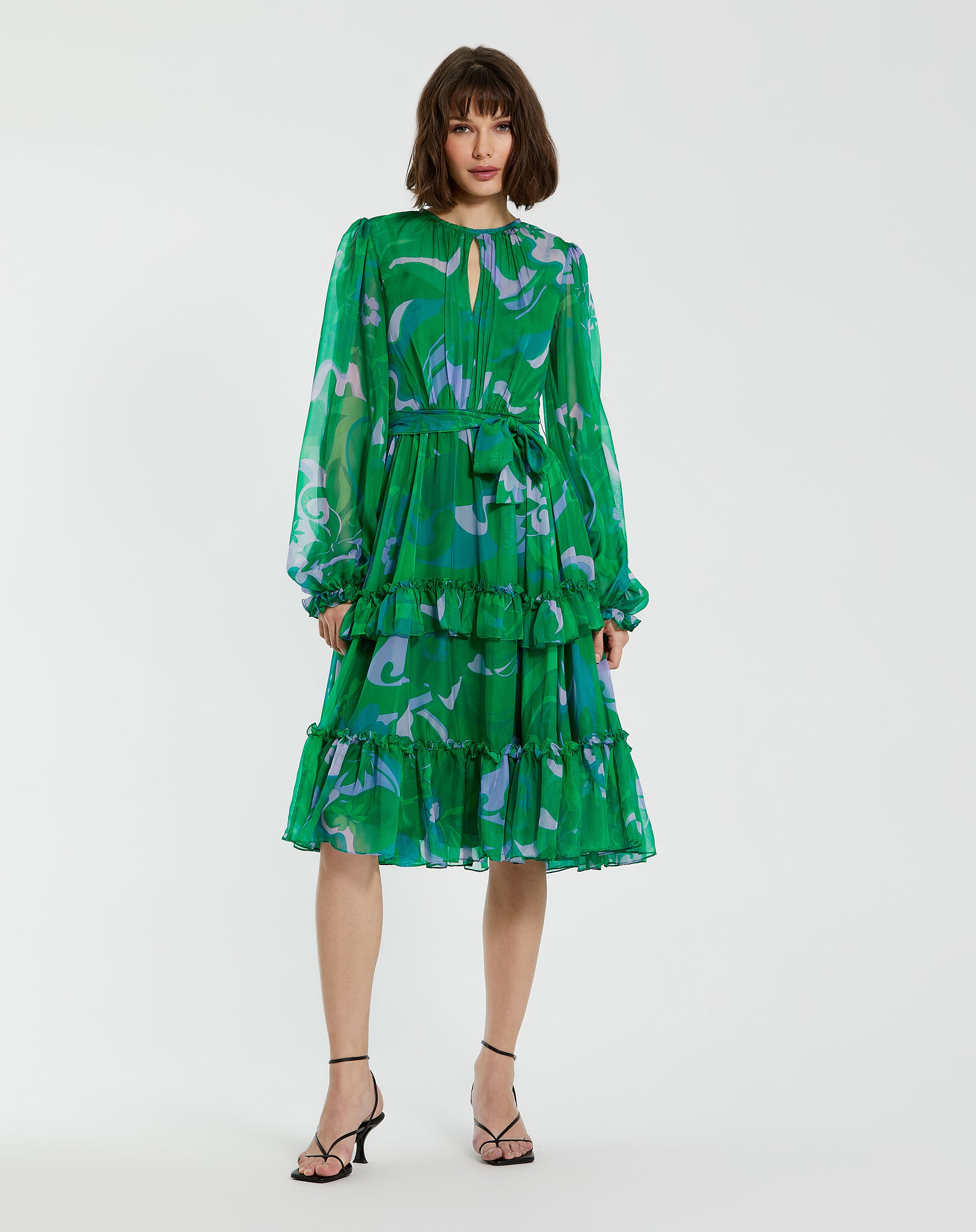 Shop Printed Chiffon Bishop Sleeve Ruffle Midi Dress Online