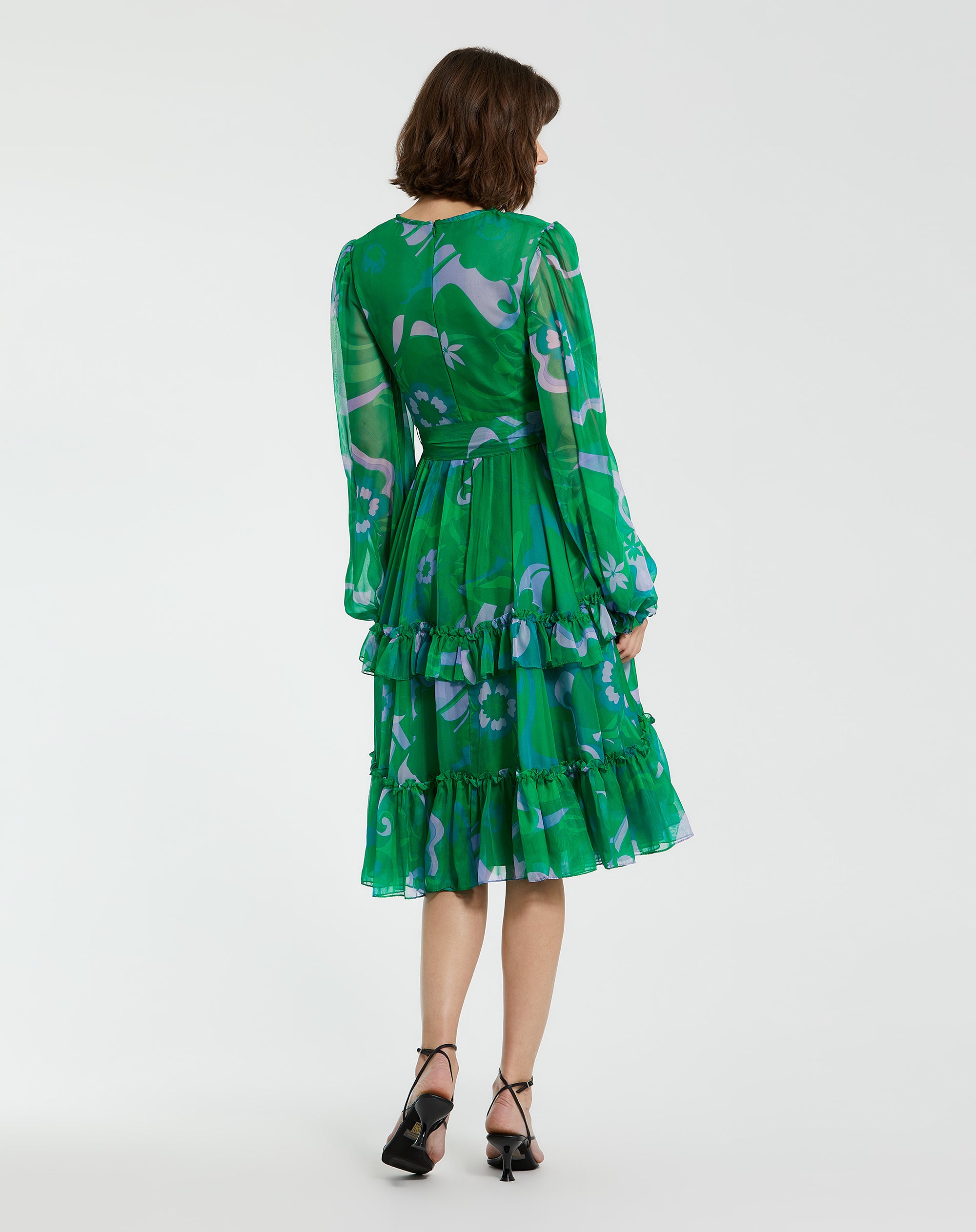 Shop Printed Chiffon Bishop Sleeve Ruffle Midi Dress Online