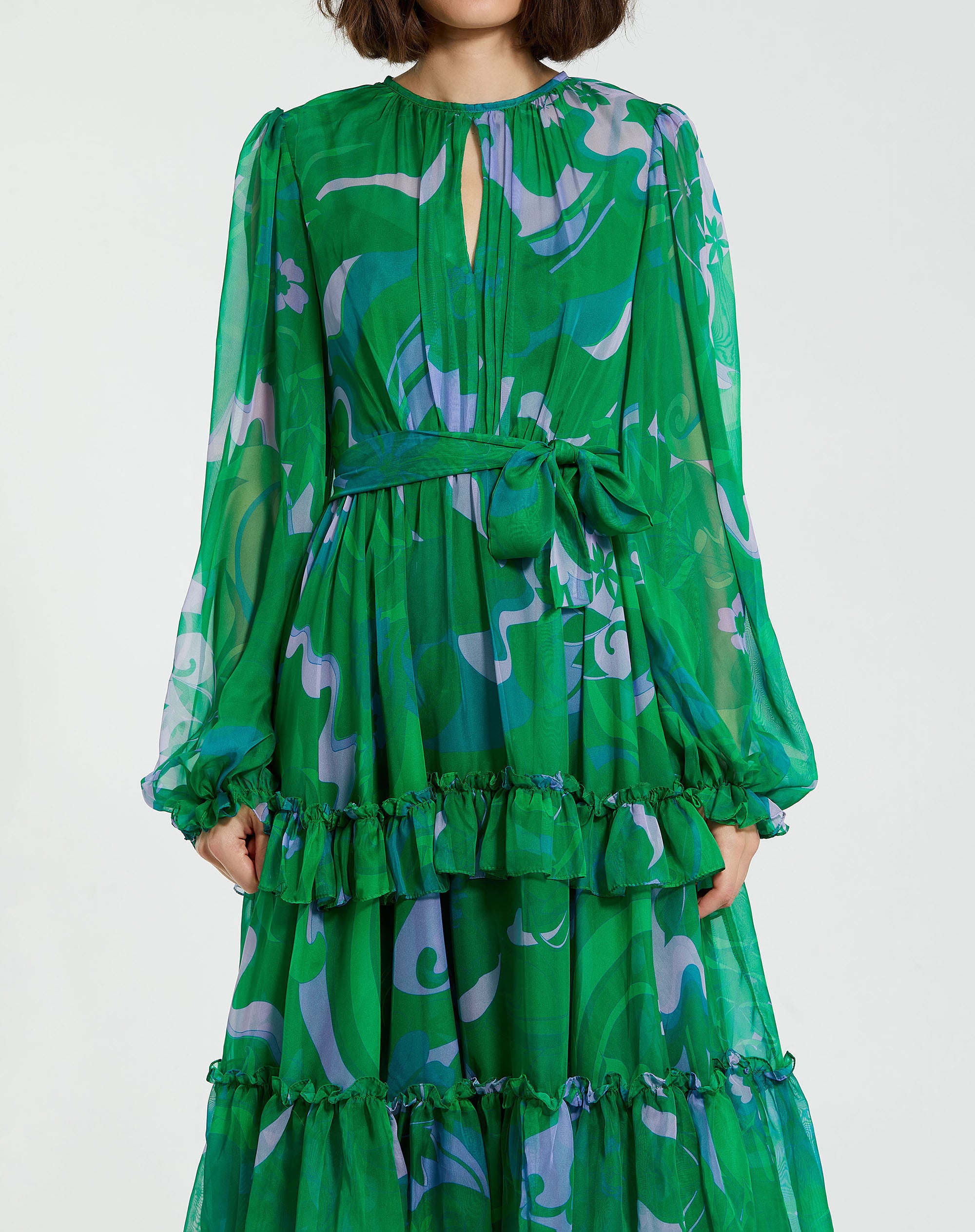 Shop Printed Chiffon Bishop Sleeve Ruffle Midi Dress Online