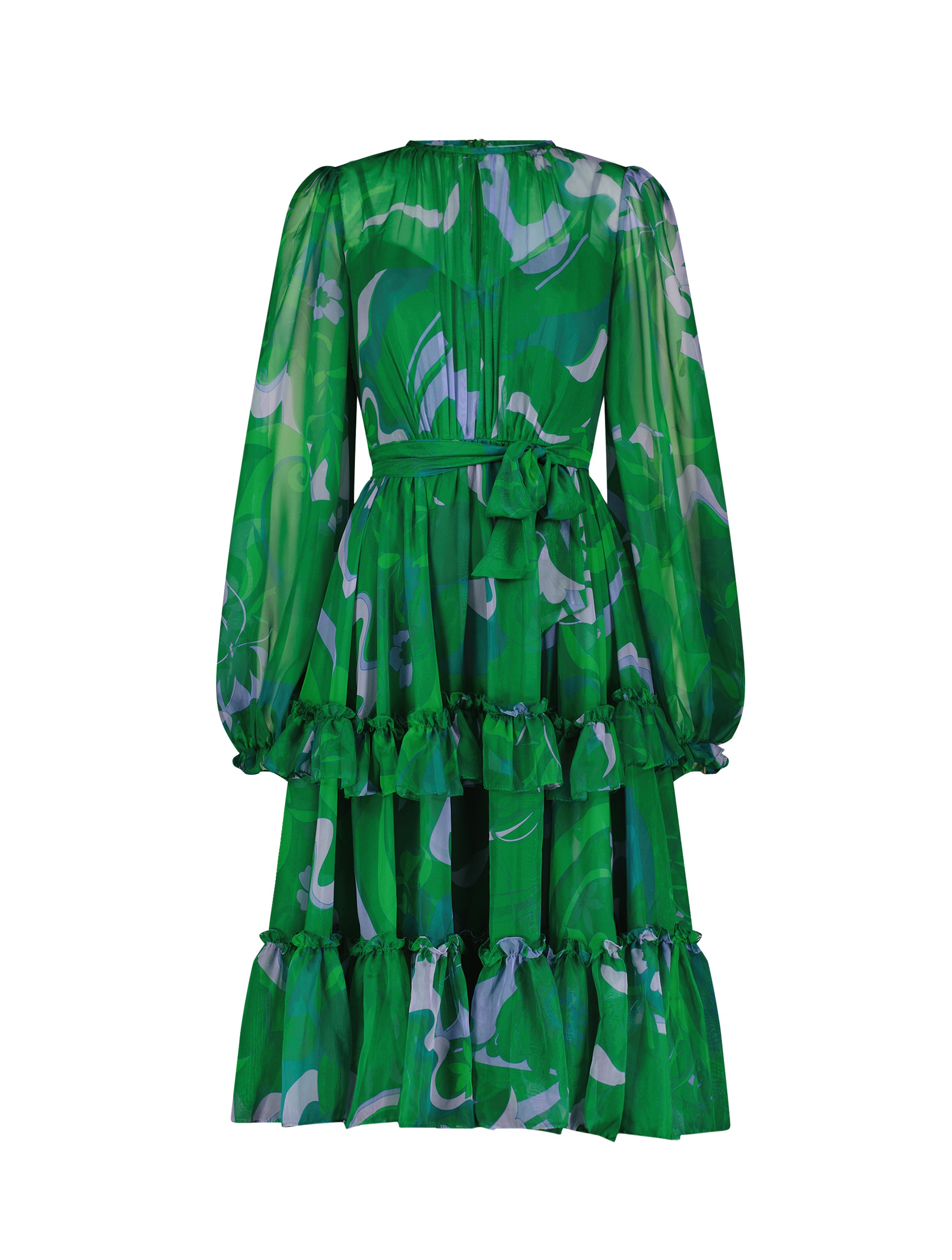 Shop Printed Chiffon Bishop Sleeve Ruffle Midi Dress Online