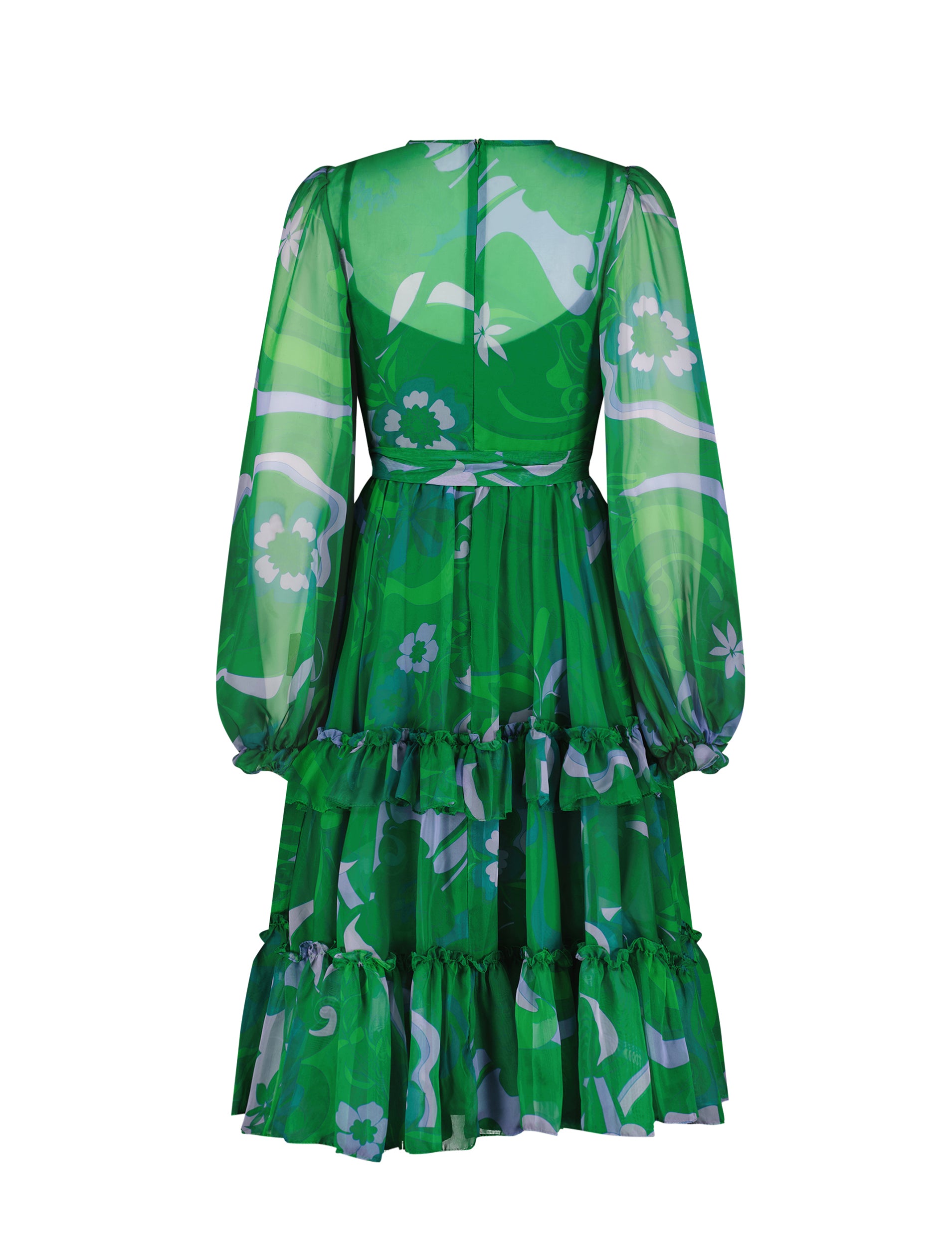 Shop Printed Chiffon Bishop Sleeve Ruffle Midi Dress Online