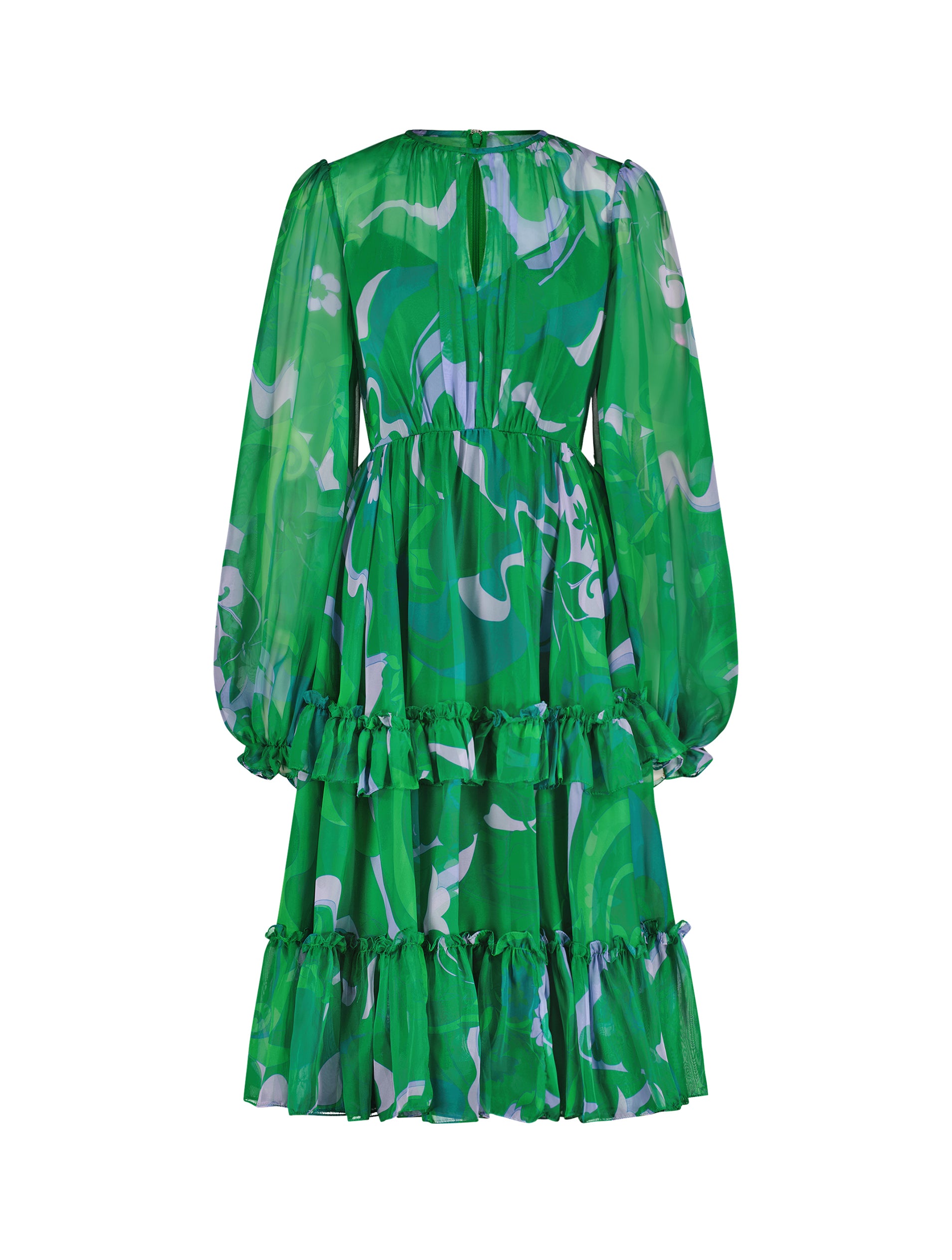 Shop Printed Chiffon Bishop Sleeve Ruffle Midi Dress Online