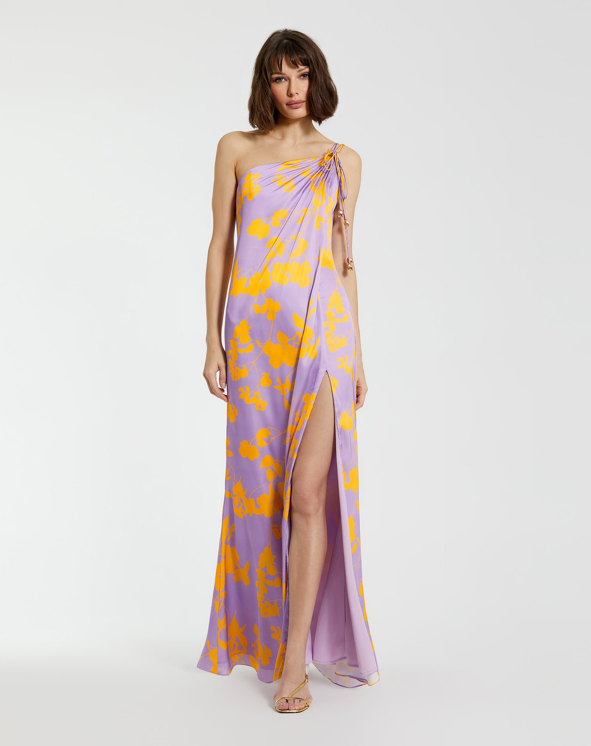 Shop Printed Charmeuse One Shoulder Gown With Slit Online