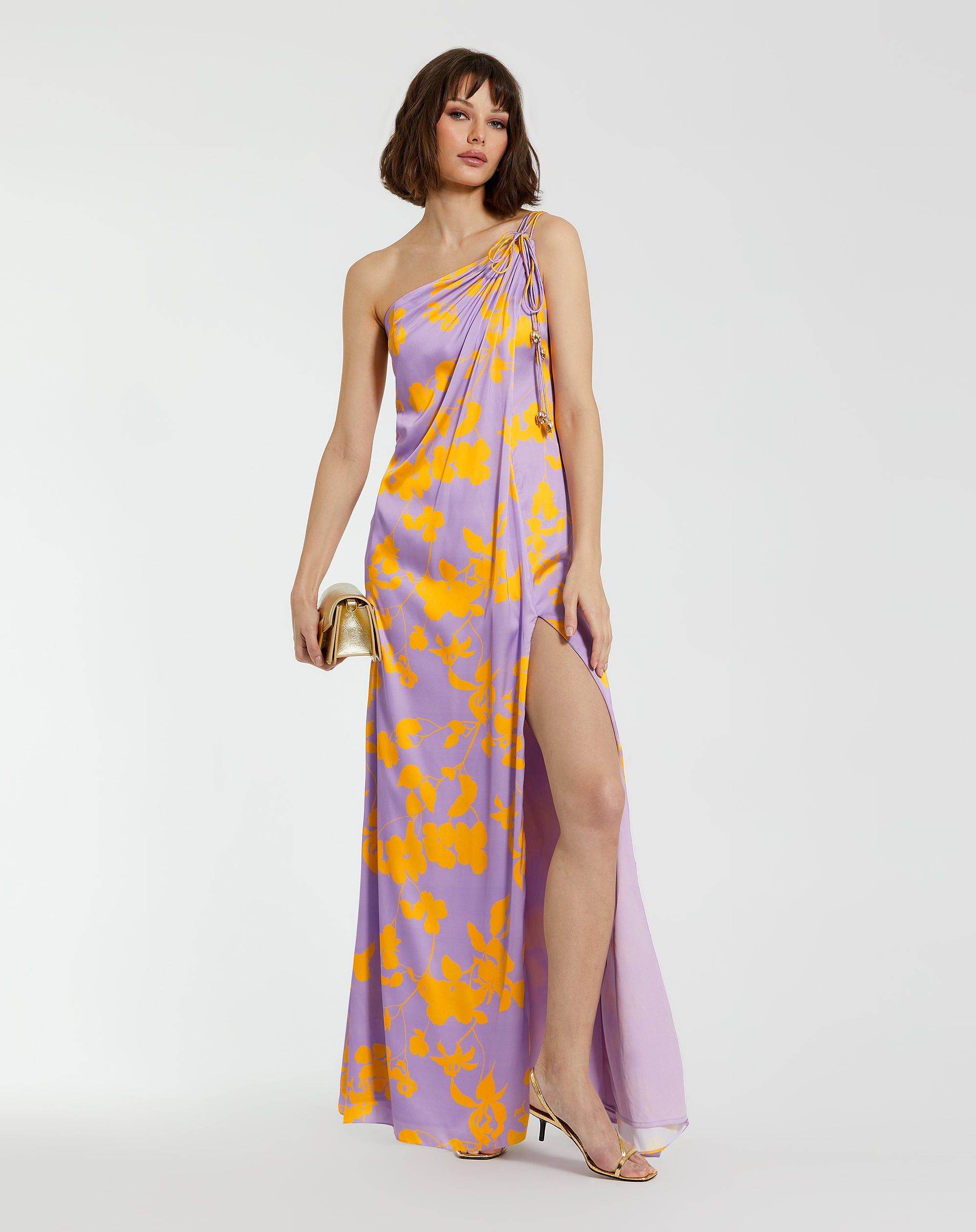 Shop Printed Charmeuse One Shoulder Gown With Slit Online