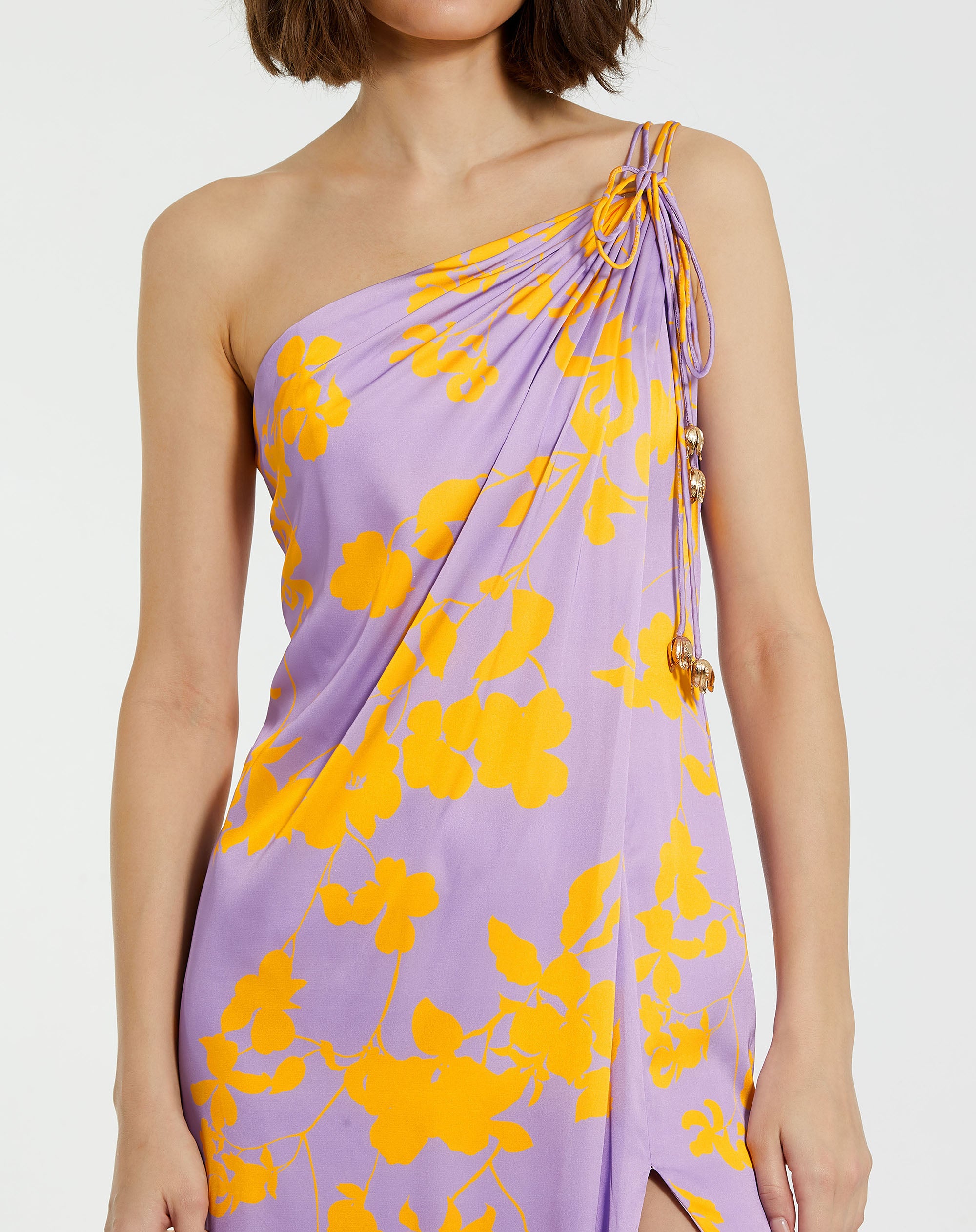Shop Printed Charmeuse One Shoulder Gown With Slit Online