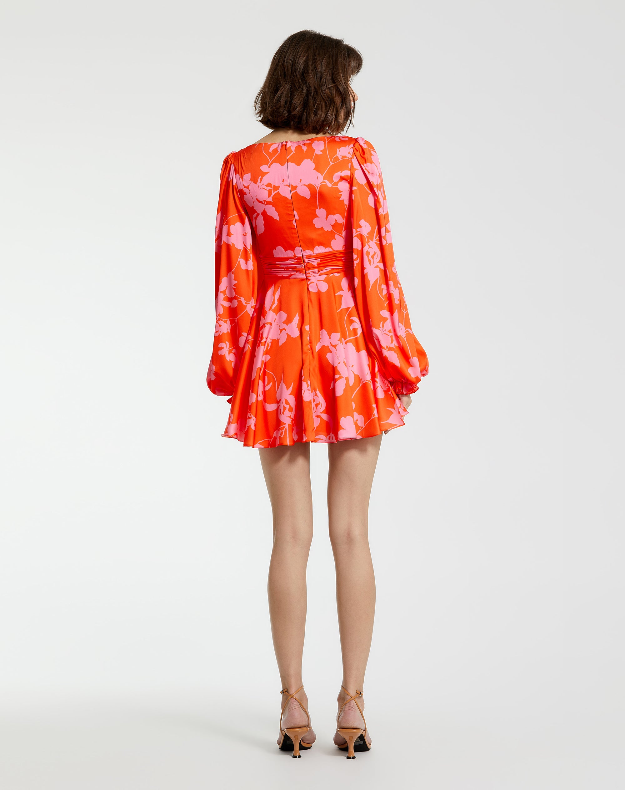 Shop Printed Charmeuse Bishop Sleeve V Neck Mini Dress Online