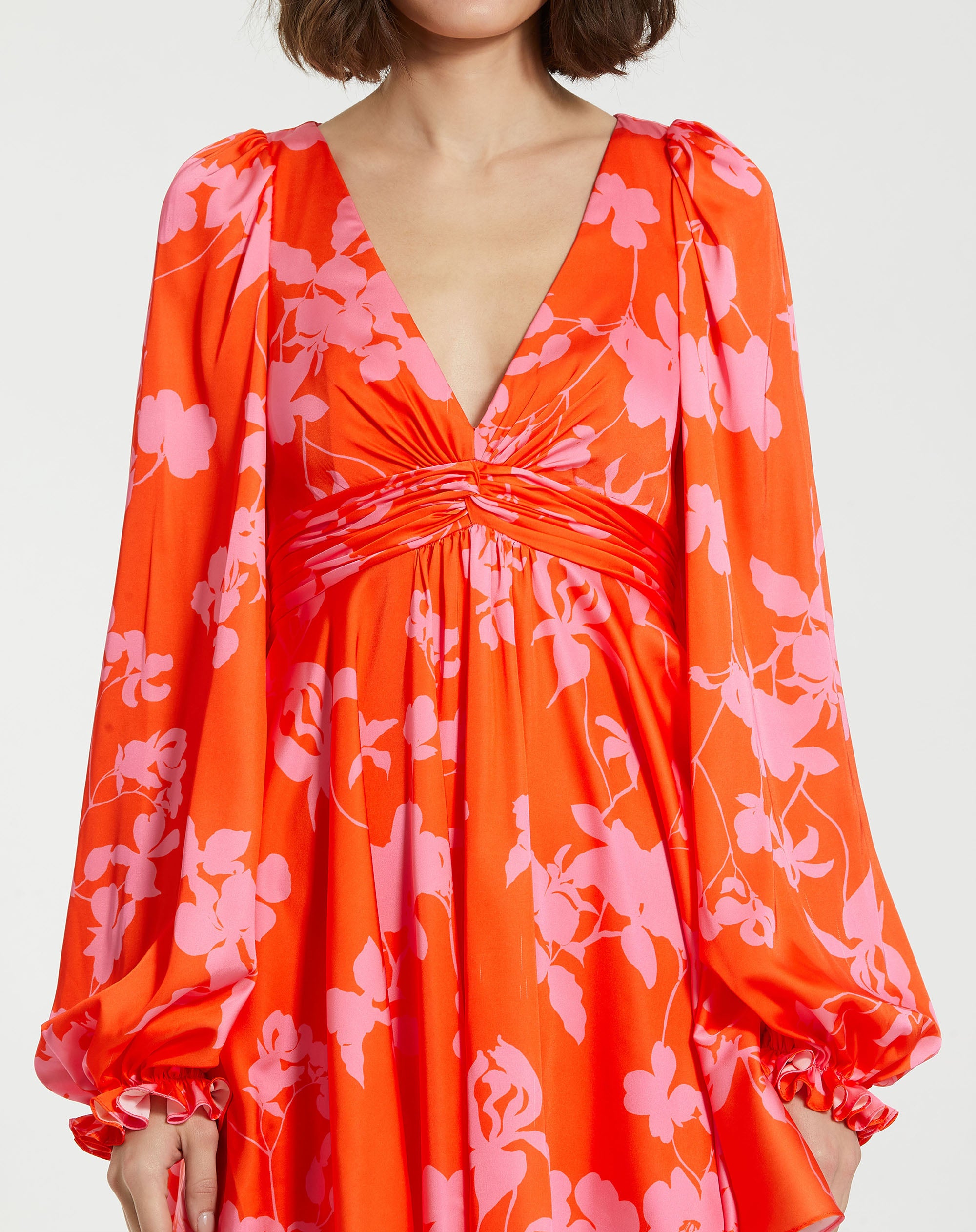 Shop Printed Charmeuse Bishop Sleeve V Neck Mini Dress Online