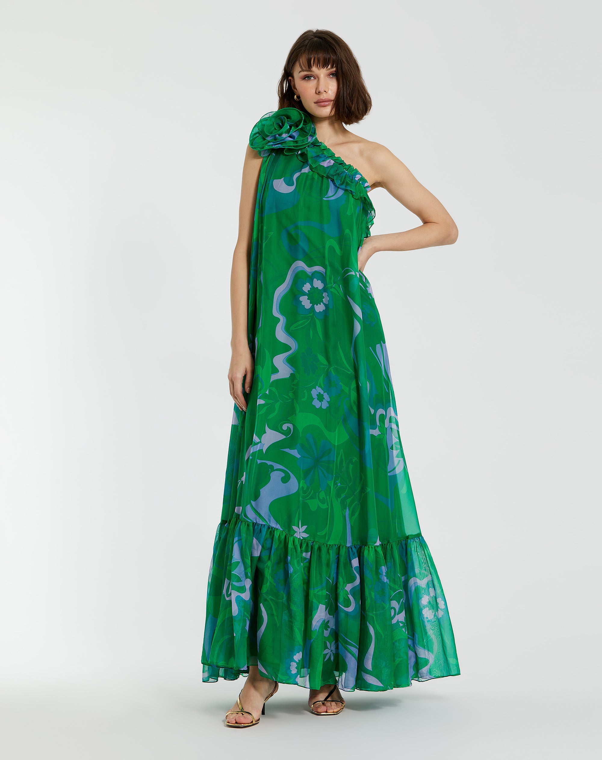 Shop Printed Chiffon One Shoulder Rose Ruffle Gown Online