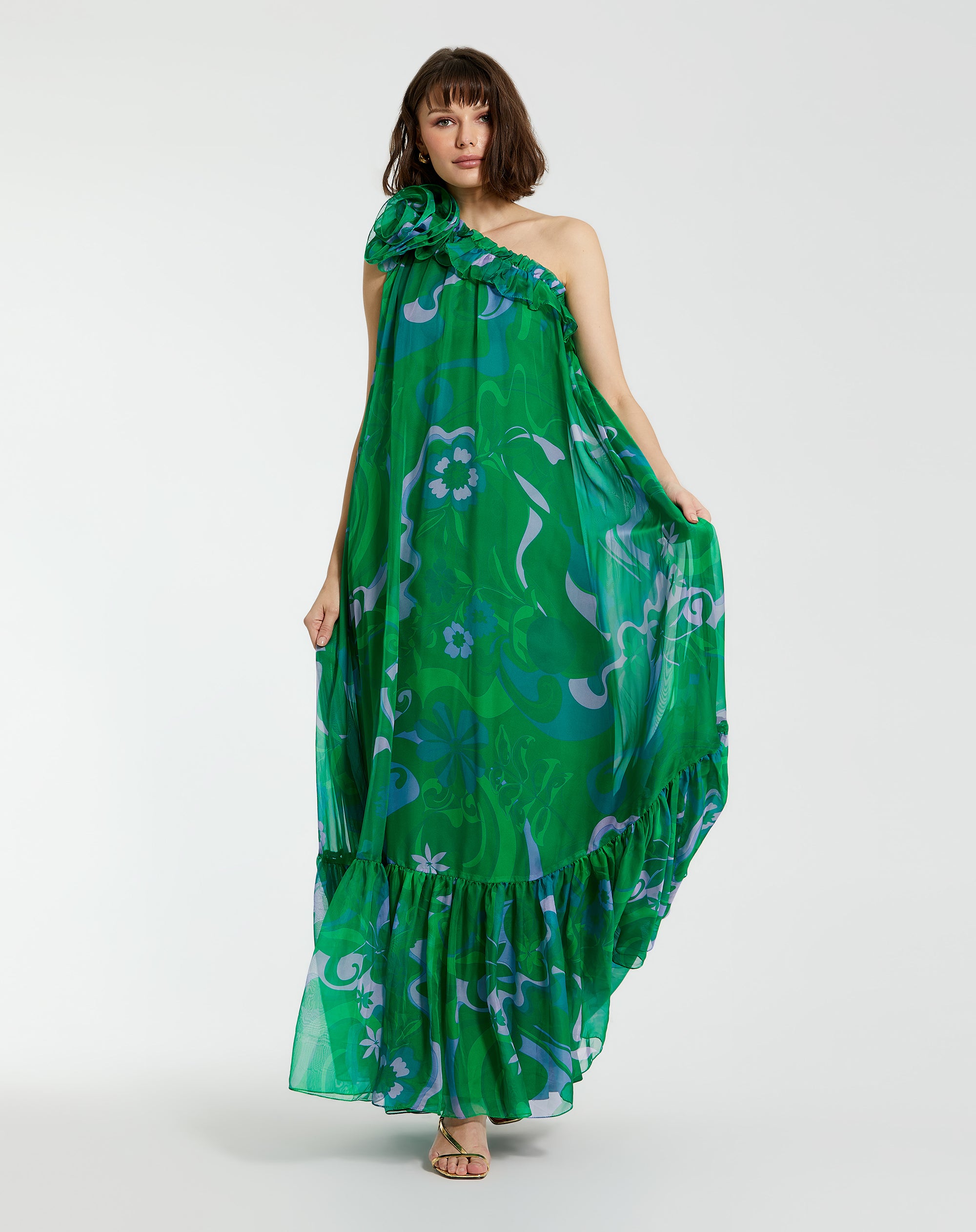Shop Printed Chiffon One Shoulder Rose Ruffle Gown Online