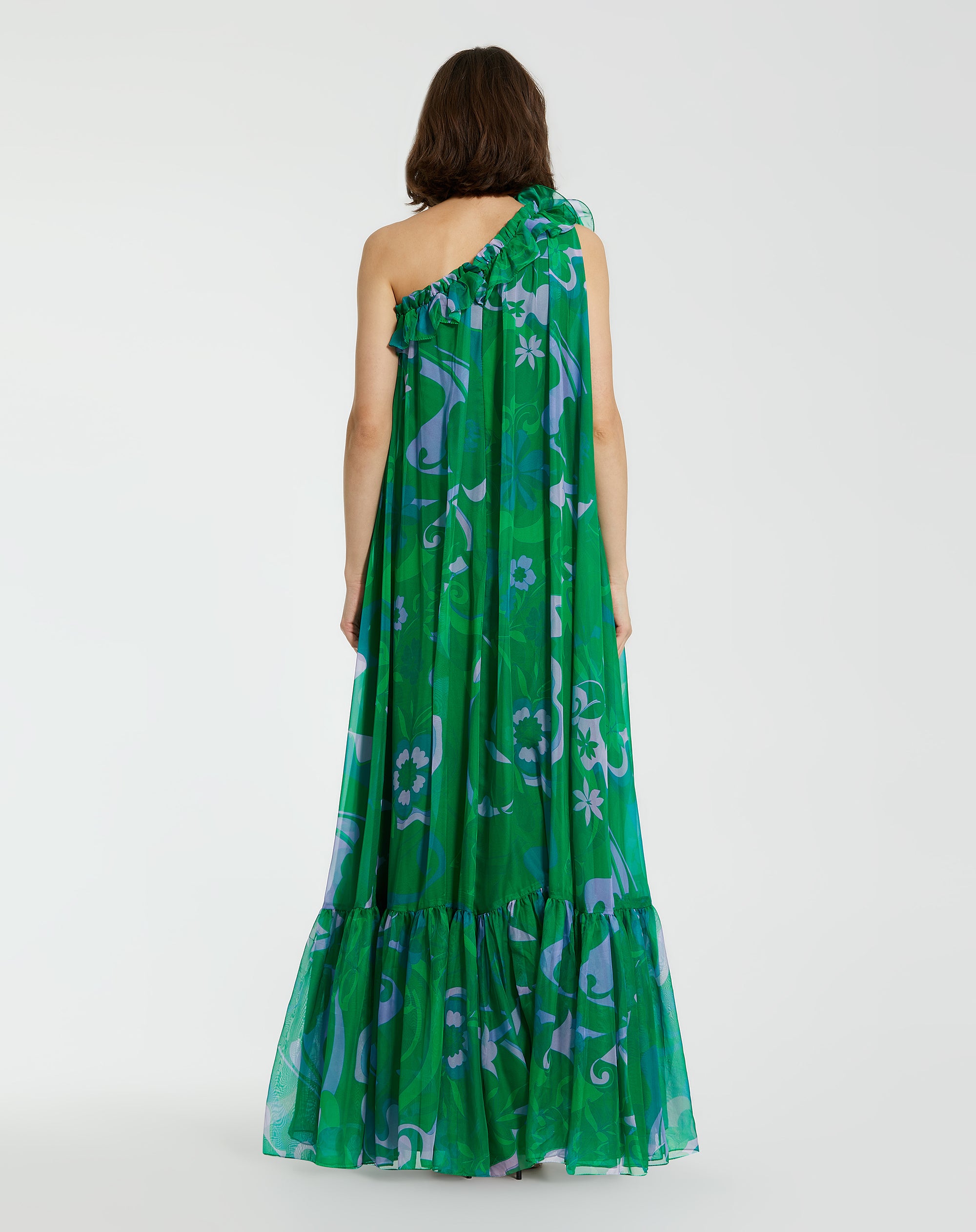 Shop Printed Chiffon One Shoulder Rose Ruffle Gown Online