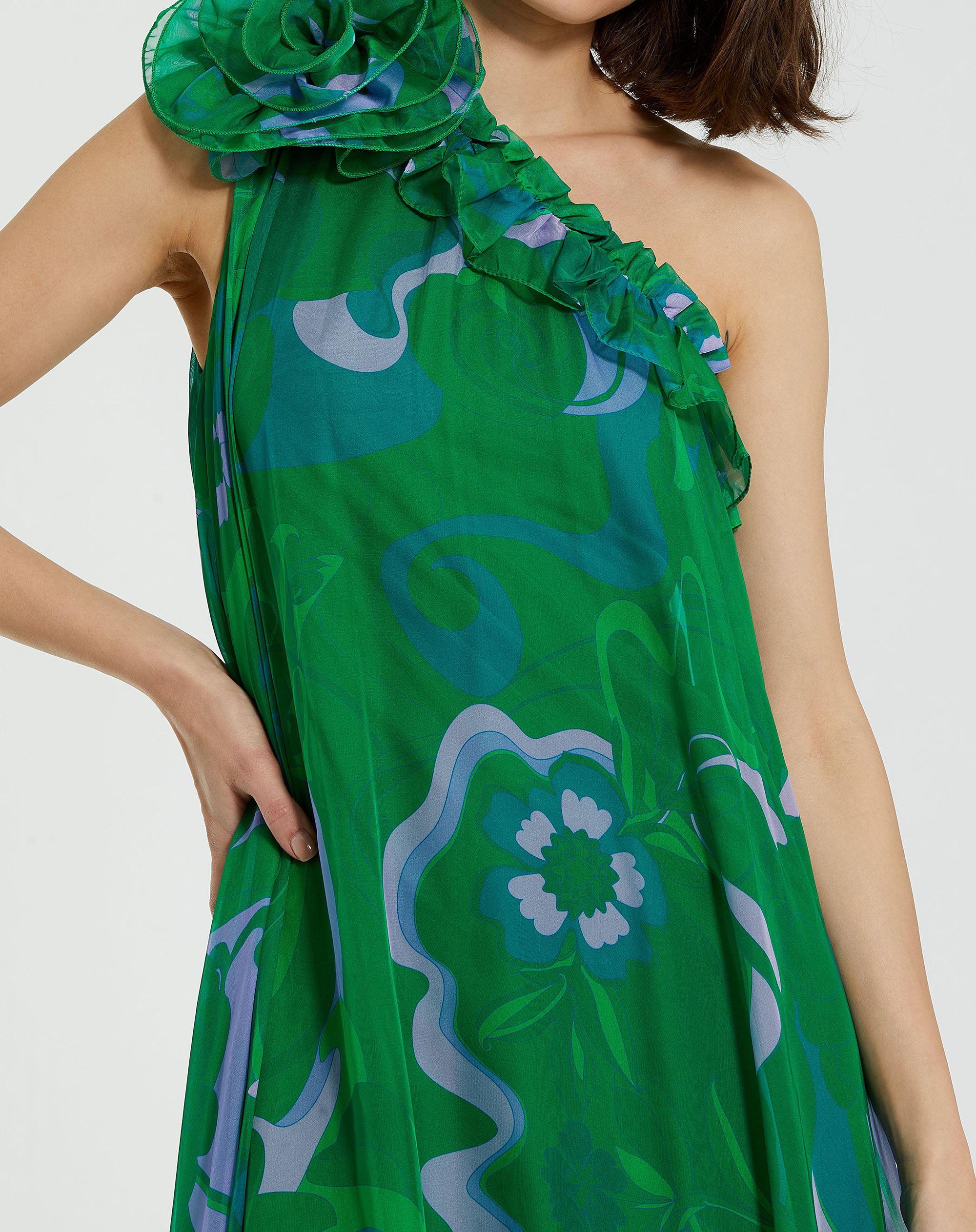 Shop Printed Chiffon One Shoulder Rose Ruffle Gown Online