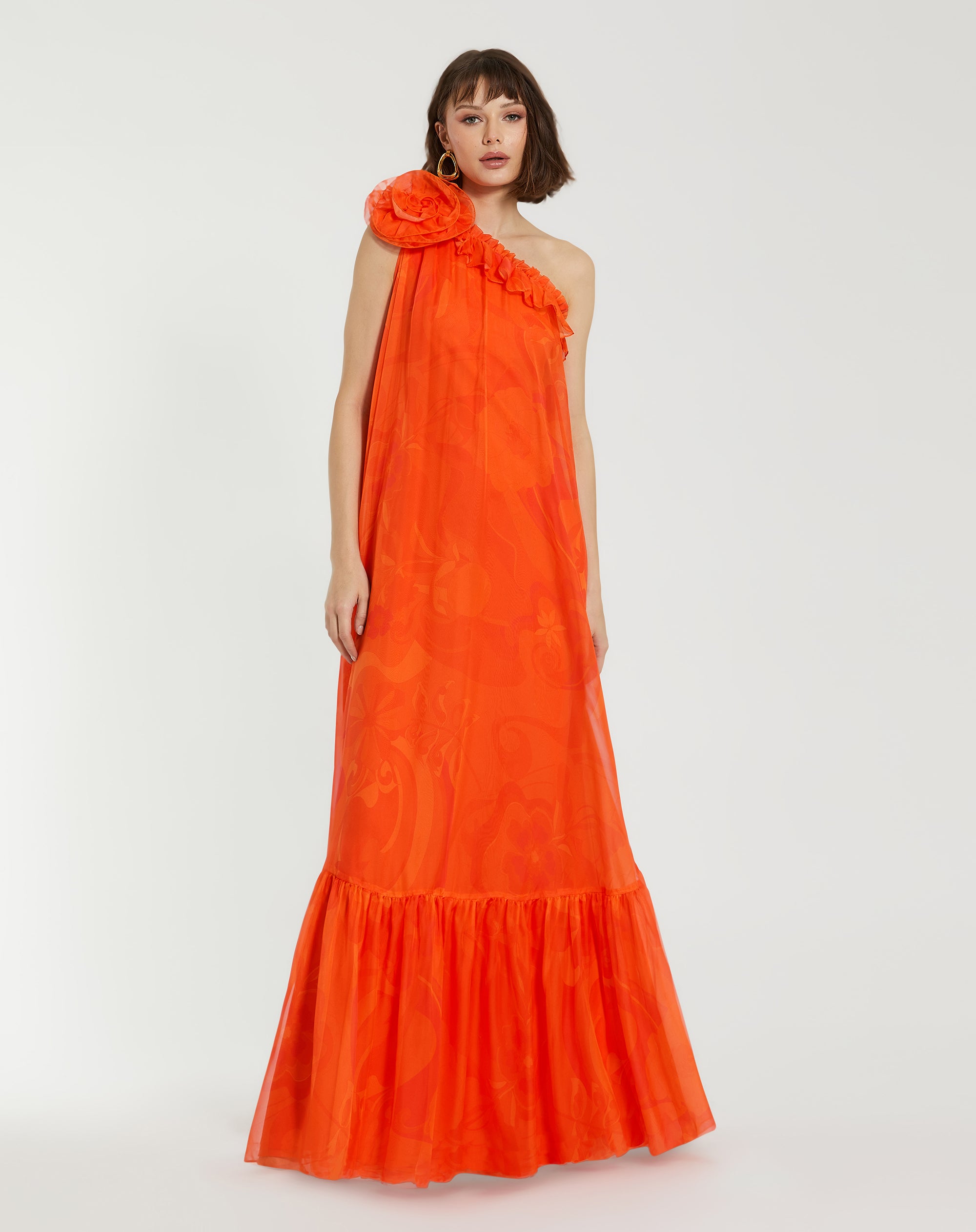 Shop Printed Chiffon One Shoulder Rose Ruffle Gown Online
