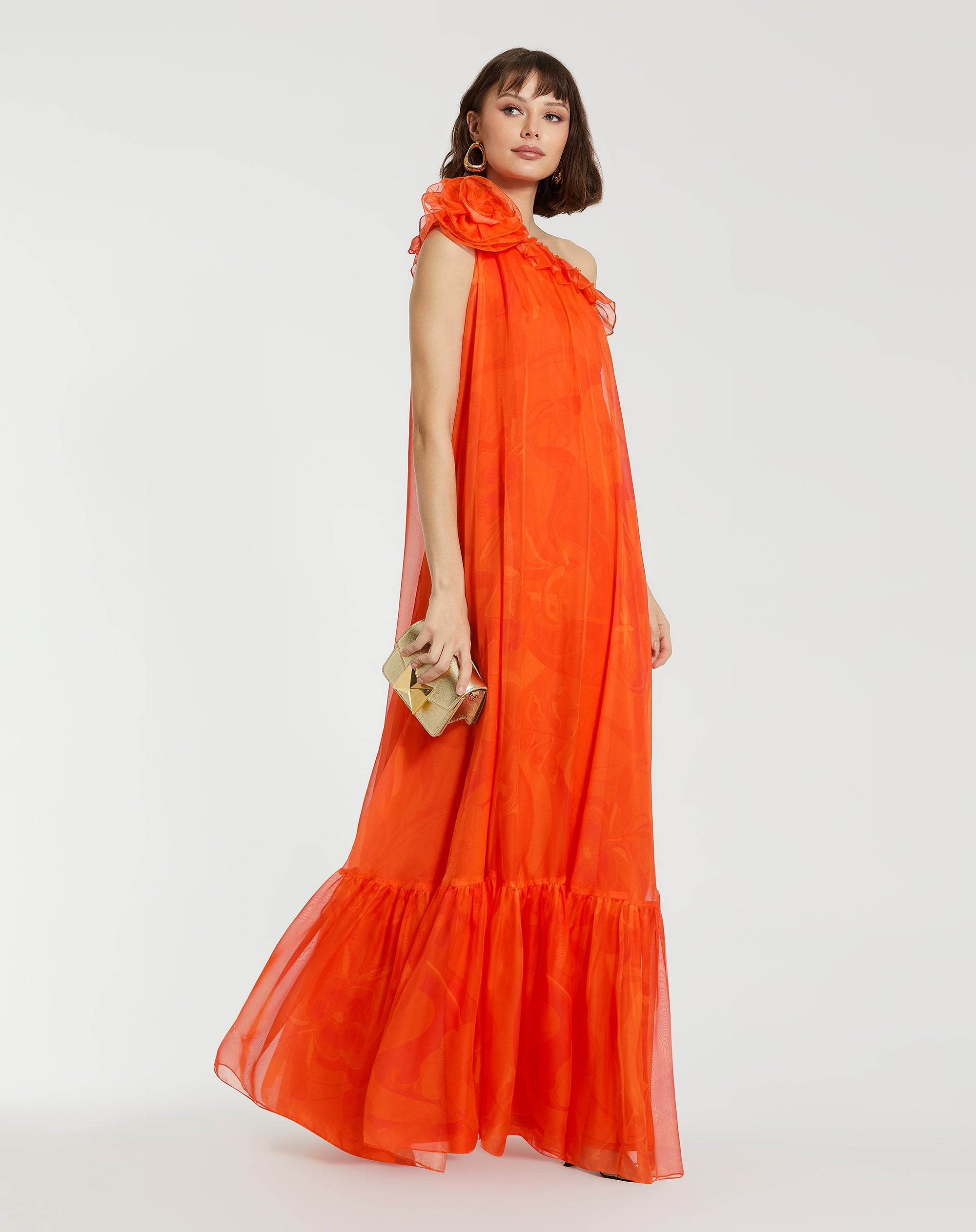 Shop Printed Chiffon One Shoulder Rose Ruffle Gown Online