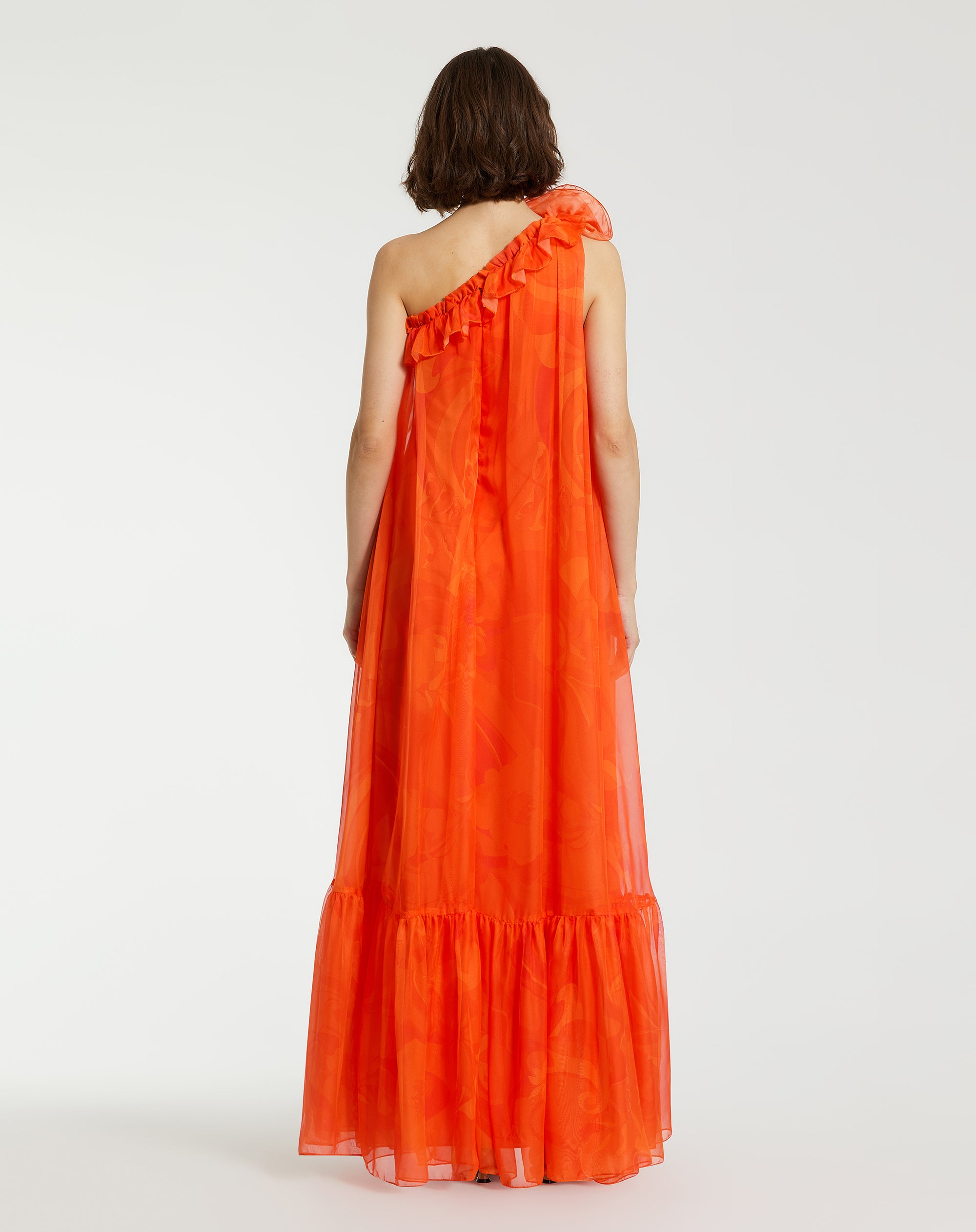 Shop Printed Chiffon One Shoulder Rose Ruffle Gown Online