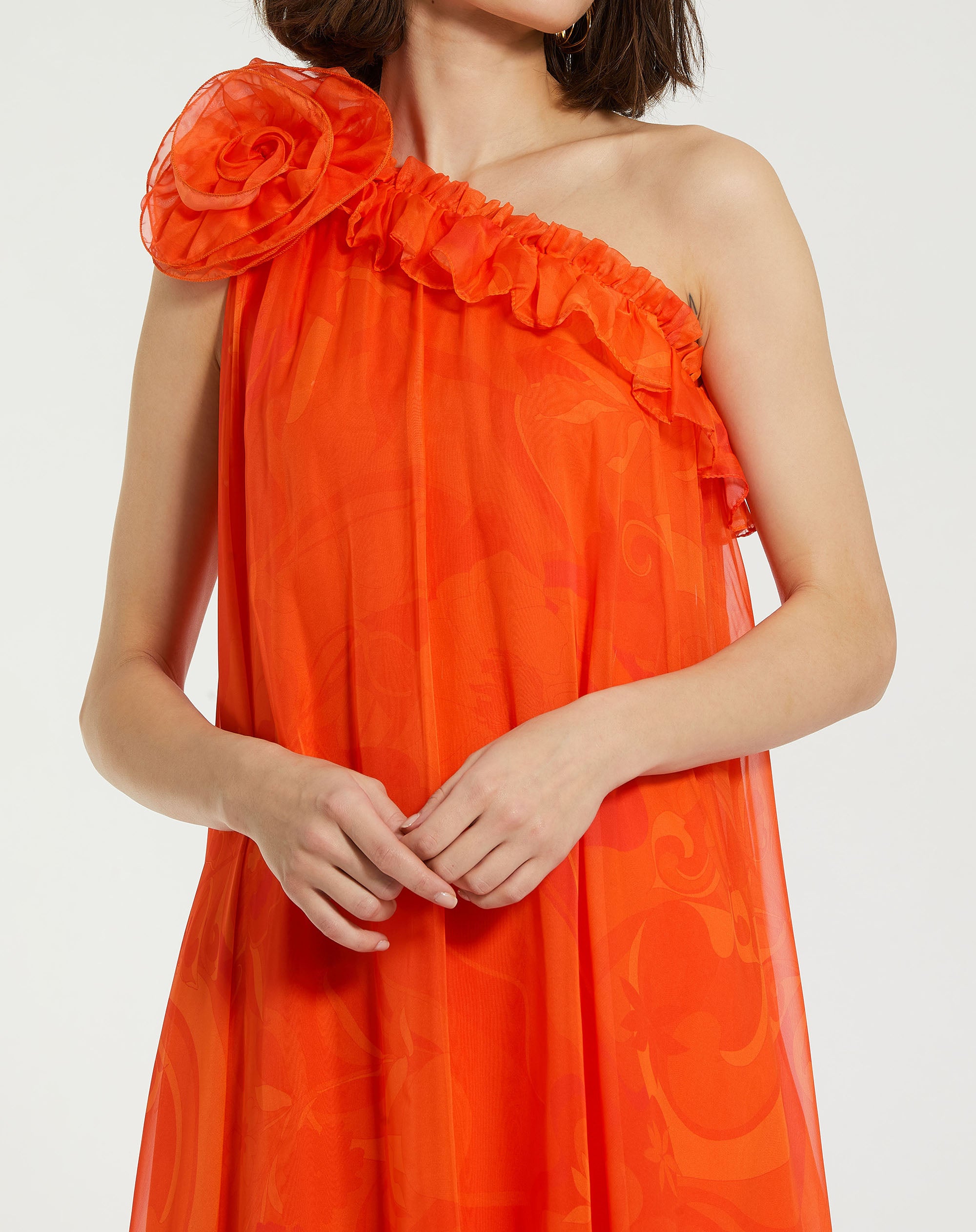 Shop Printed Chiffon One Shoulder Rose Ruffle Gown Online