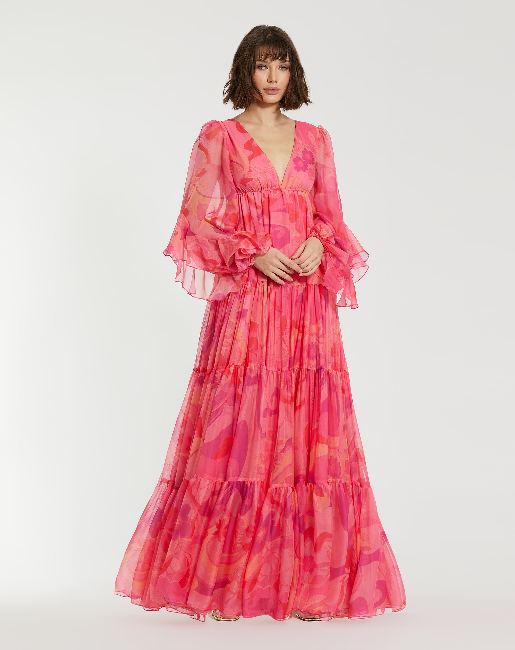 Shop Printed Chiffon Ruffle Long Sleeve V Neck Gown Online
