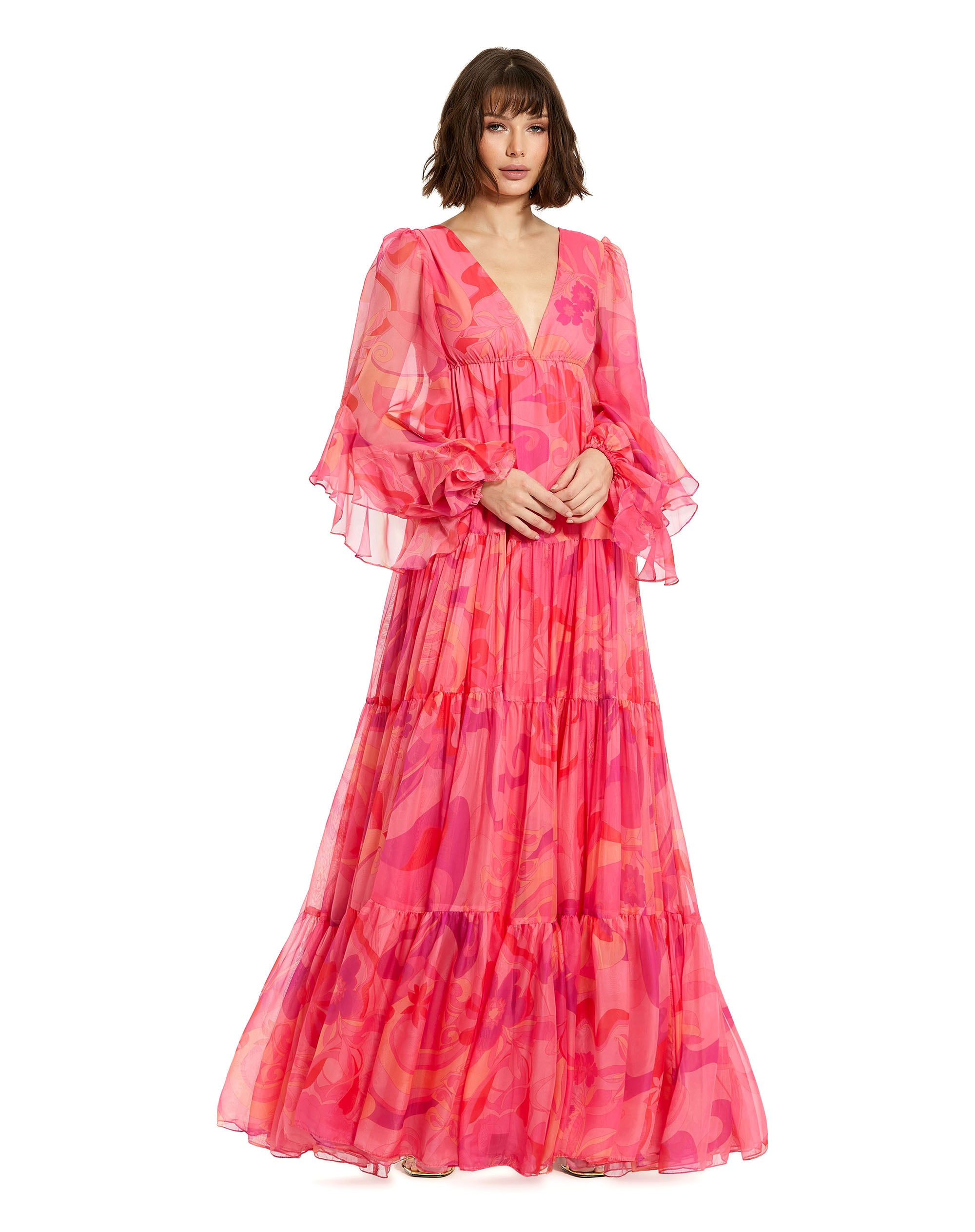 Shop Printed Chiffon Ruffle Long Sleeve V Neck Gown Online