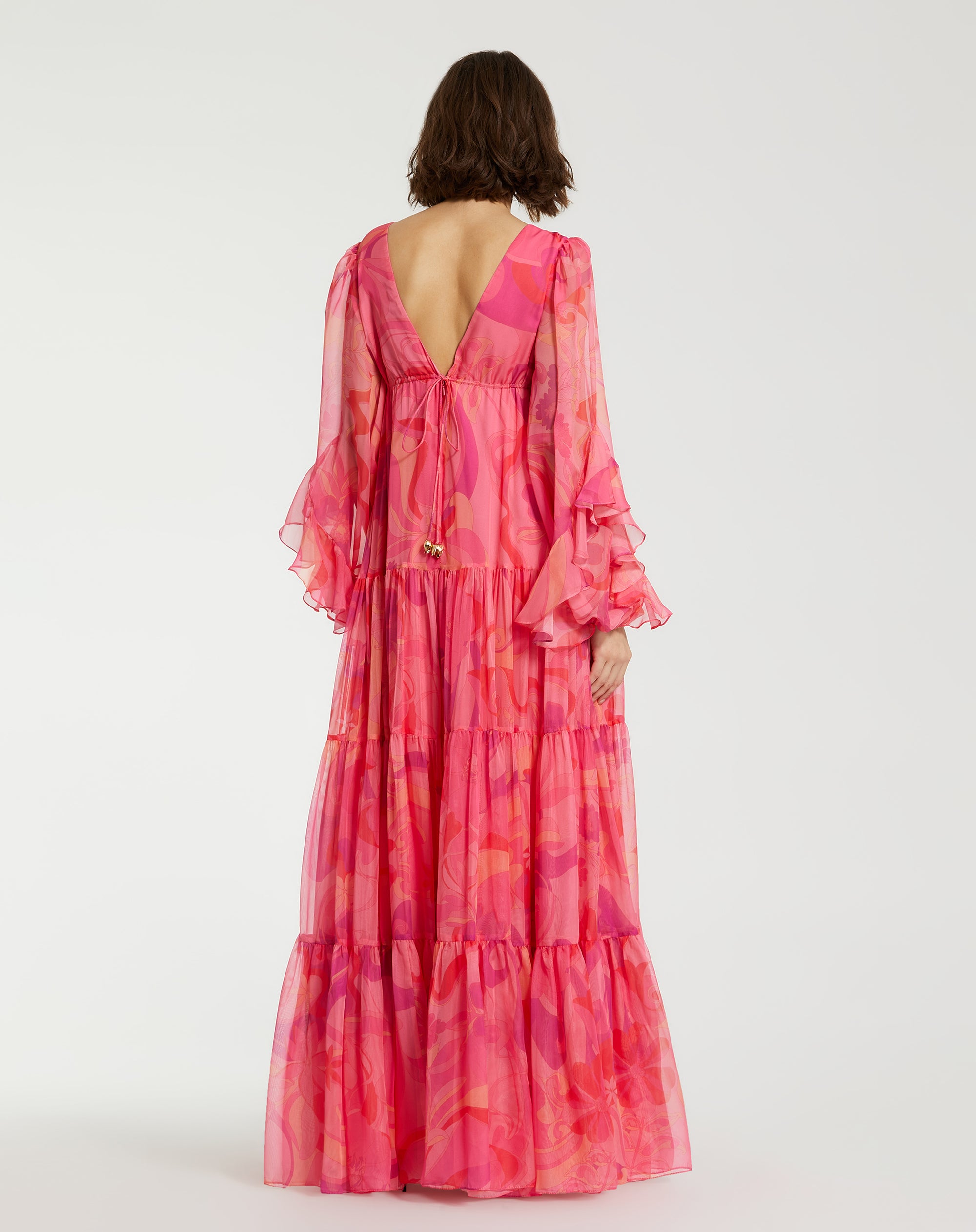 Shop Printed Chiffon Ruffle Long Sleeve V Neck Gown Online
