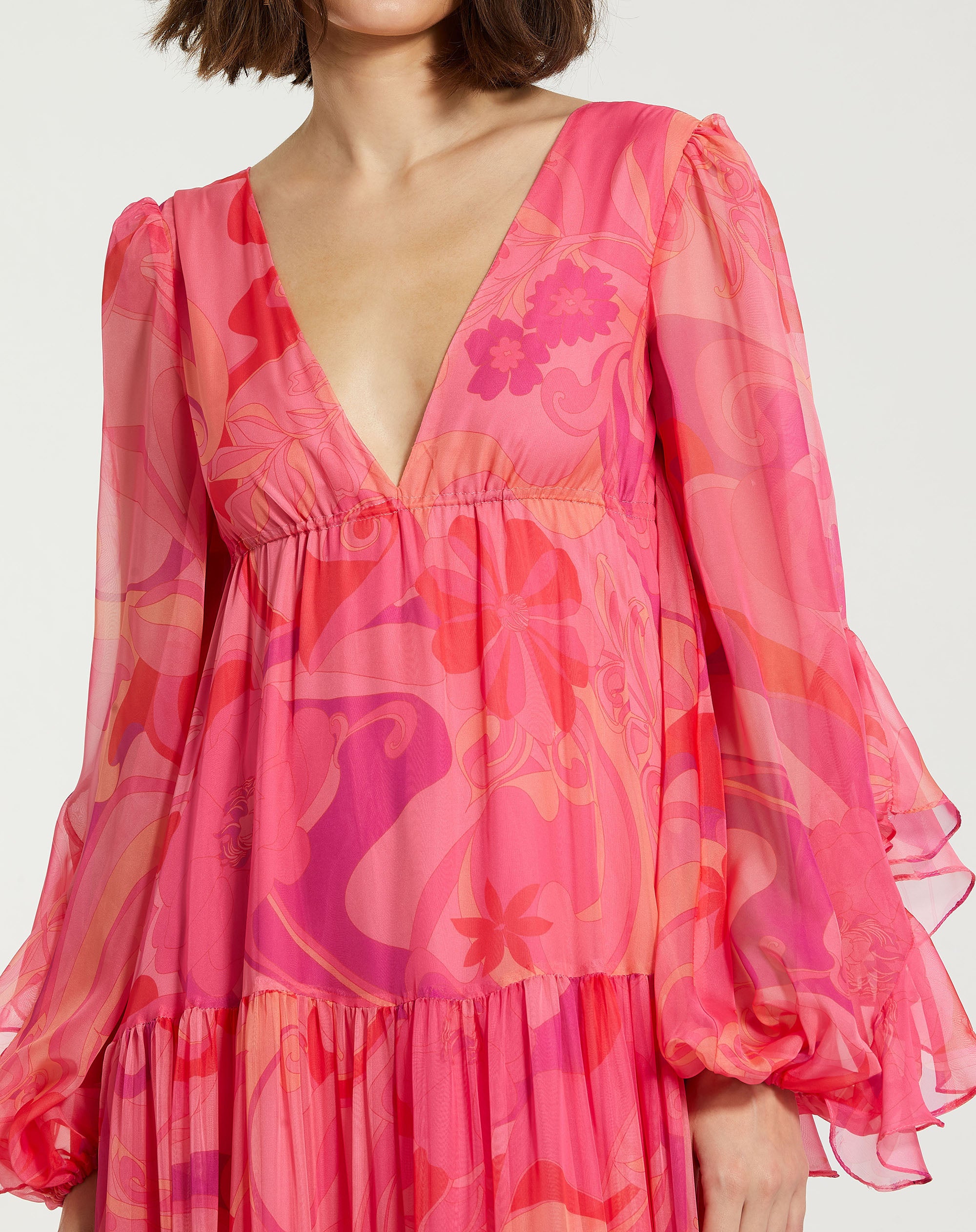 Shop Printed Chiffon Ruffle Long Sleeve V Neck Gown Online