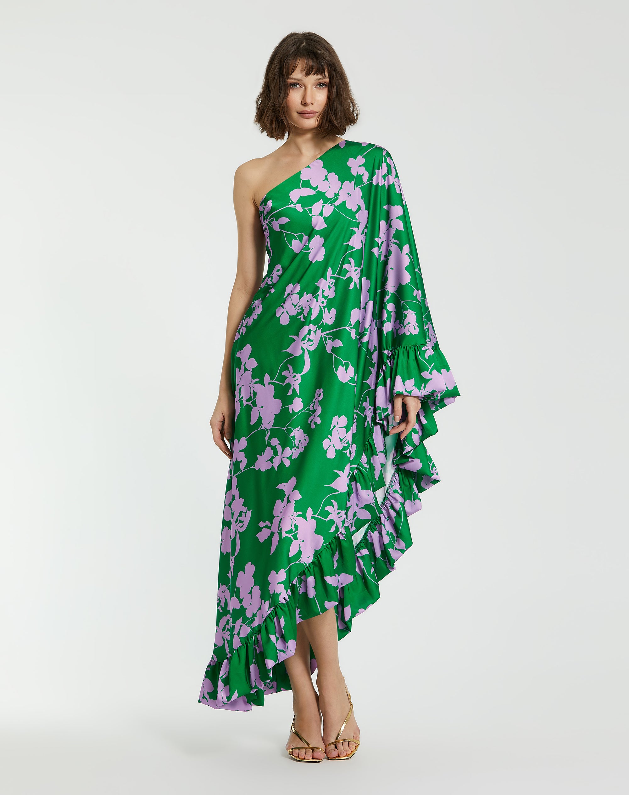 Shop Printed Charmeuse One Shoulder Draped Gown Online