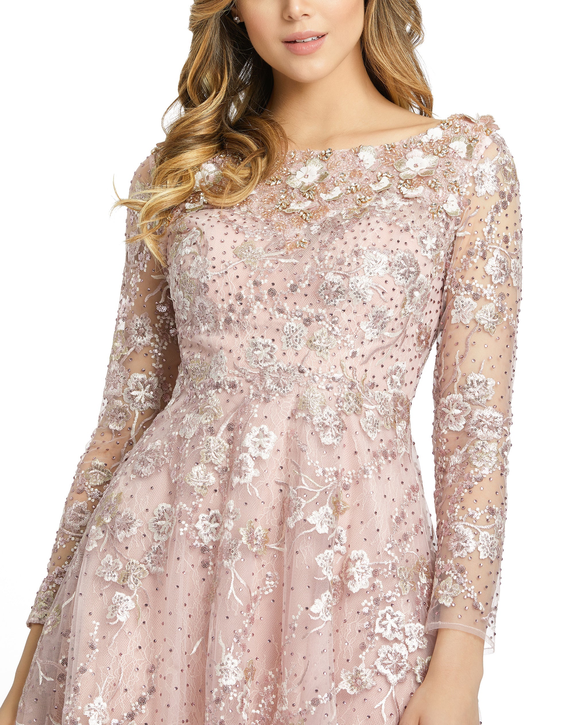Shop Long Sleeve Floral Embroidered Tea Length Dress Online