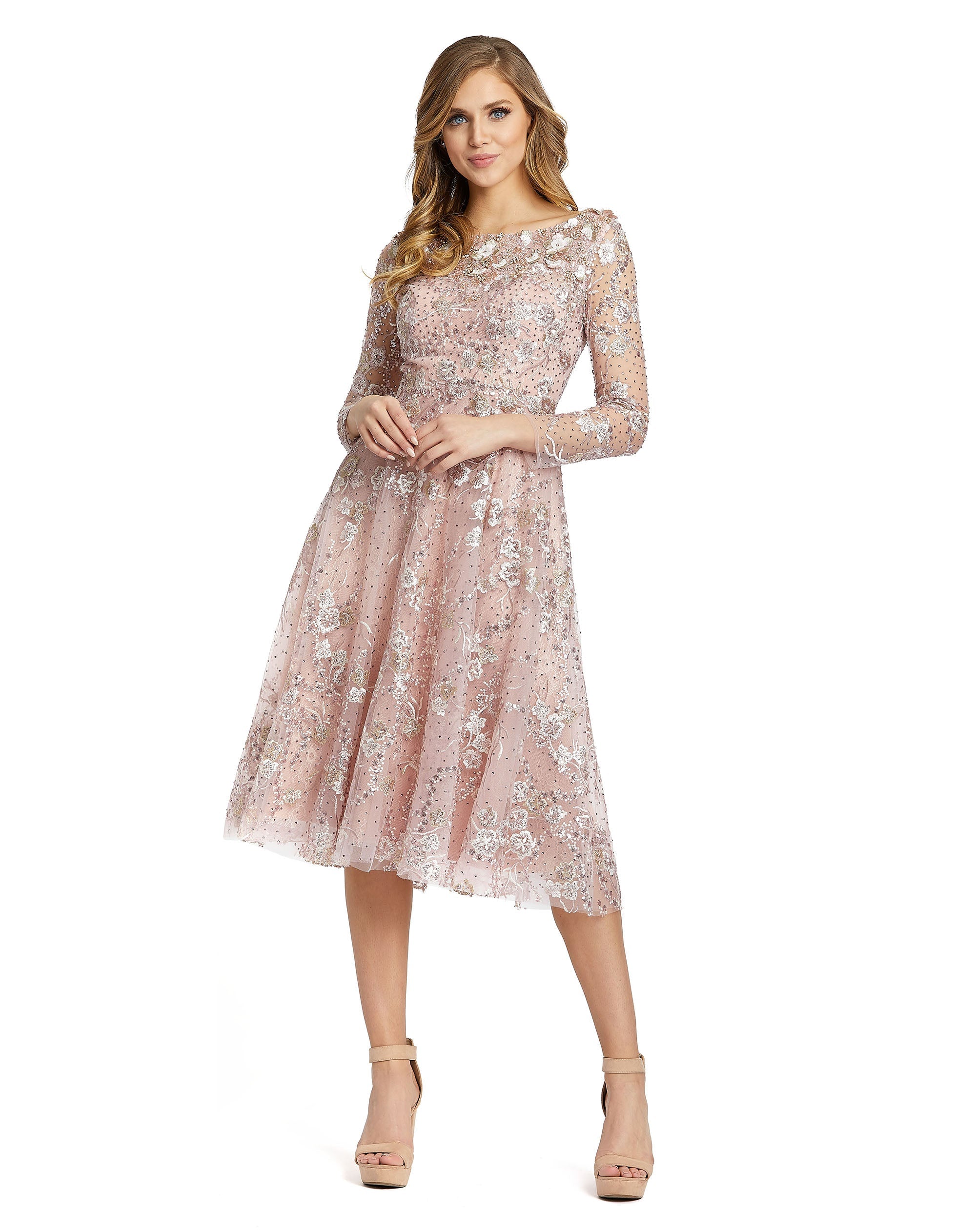 Shop Long Sleeve Floral Embroidered Tea Length Dress Online