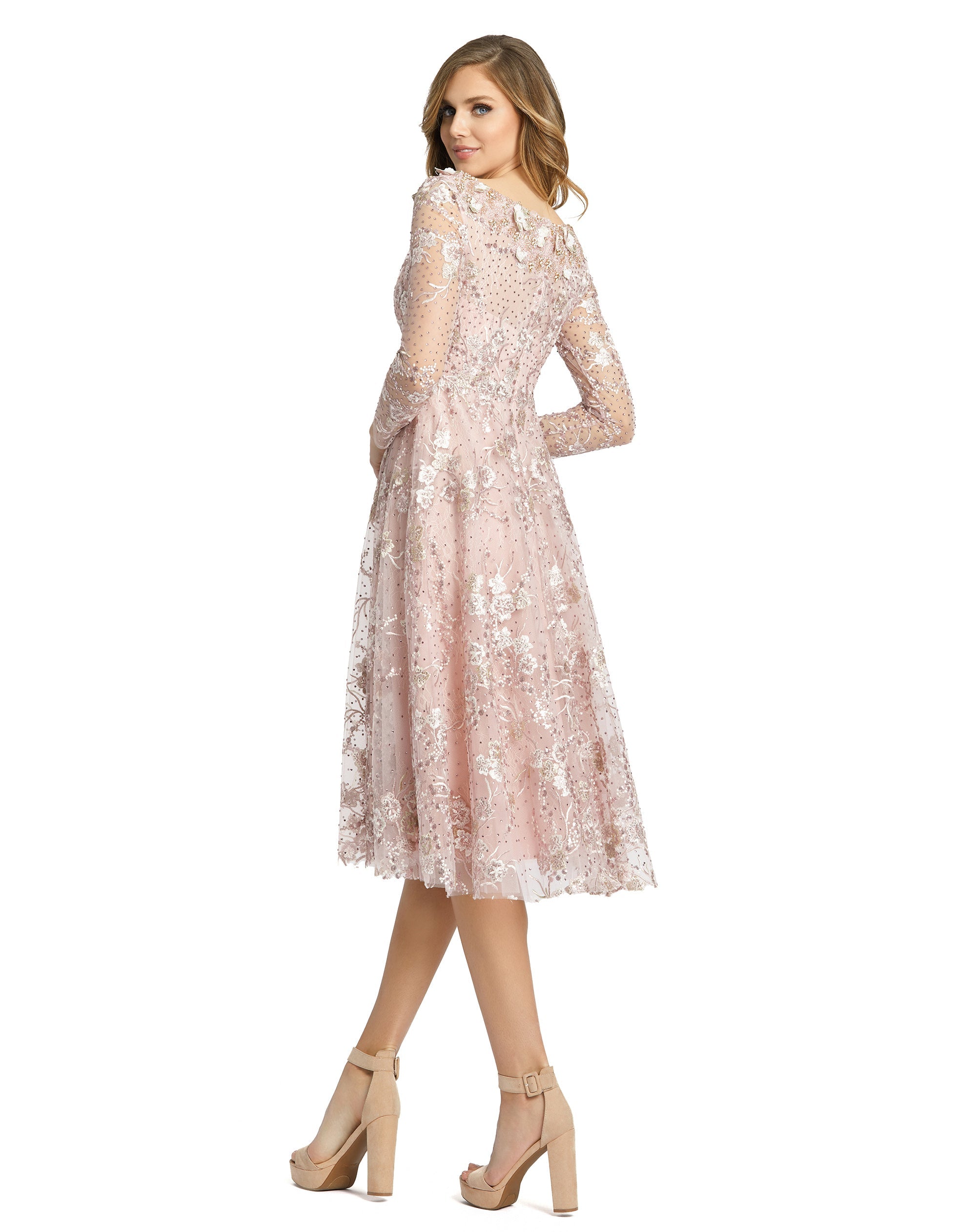 Shop Long Sleeve Floral Embroidered Tea Length Dress Online