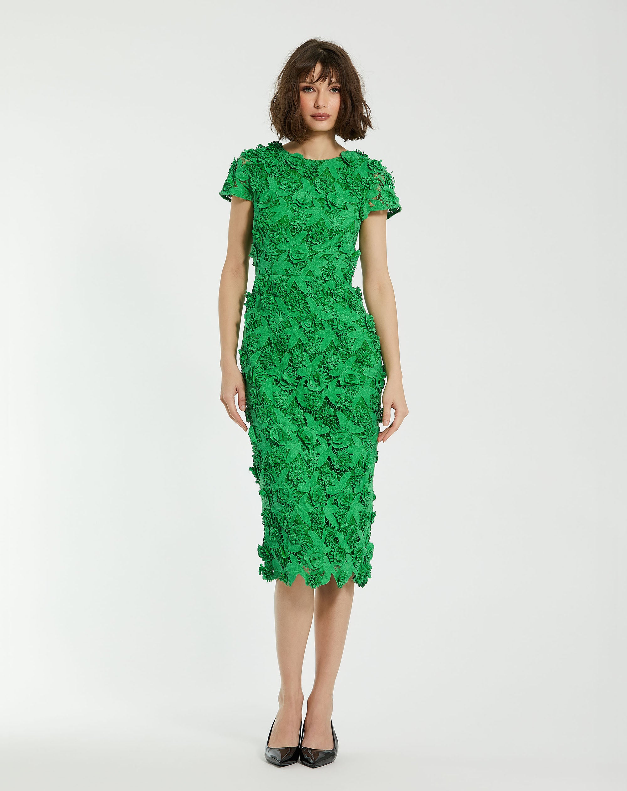 Shop Floral Lace Fitted Short Sleeve Midi Dress Online