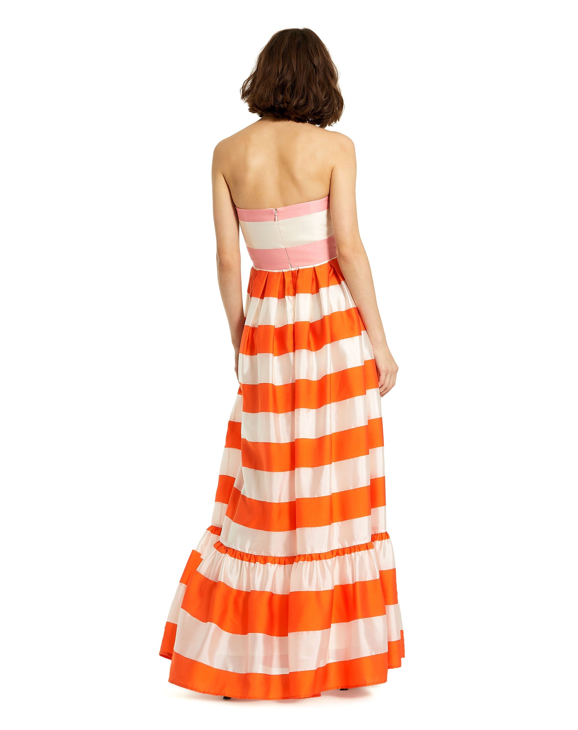 Shop Striped Organza Strapless Ruffle Maxi Dress Online