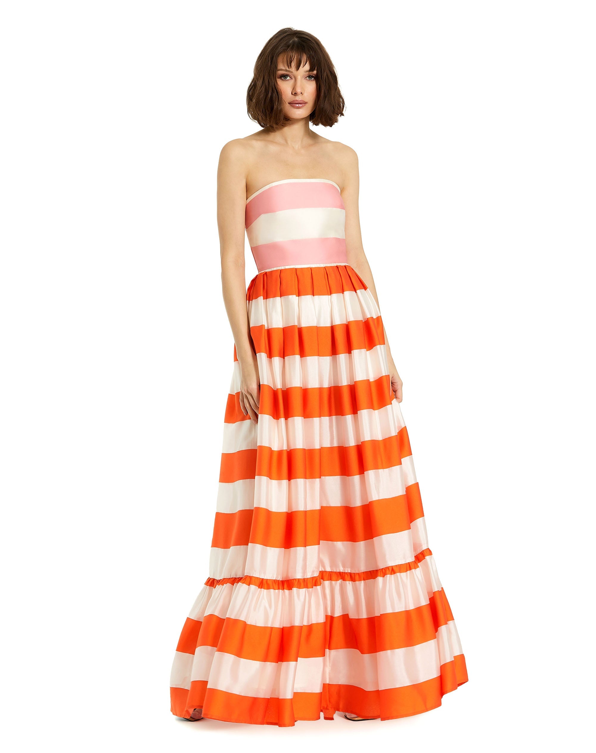 Shop Striped Organza Strapless Ruffle Maxi Dress Online