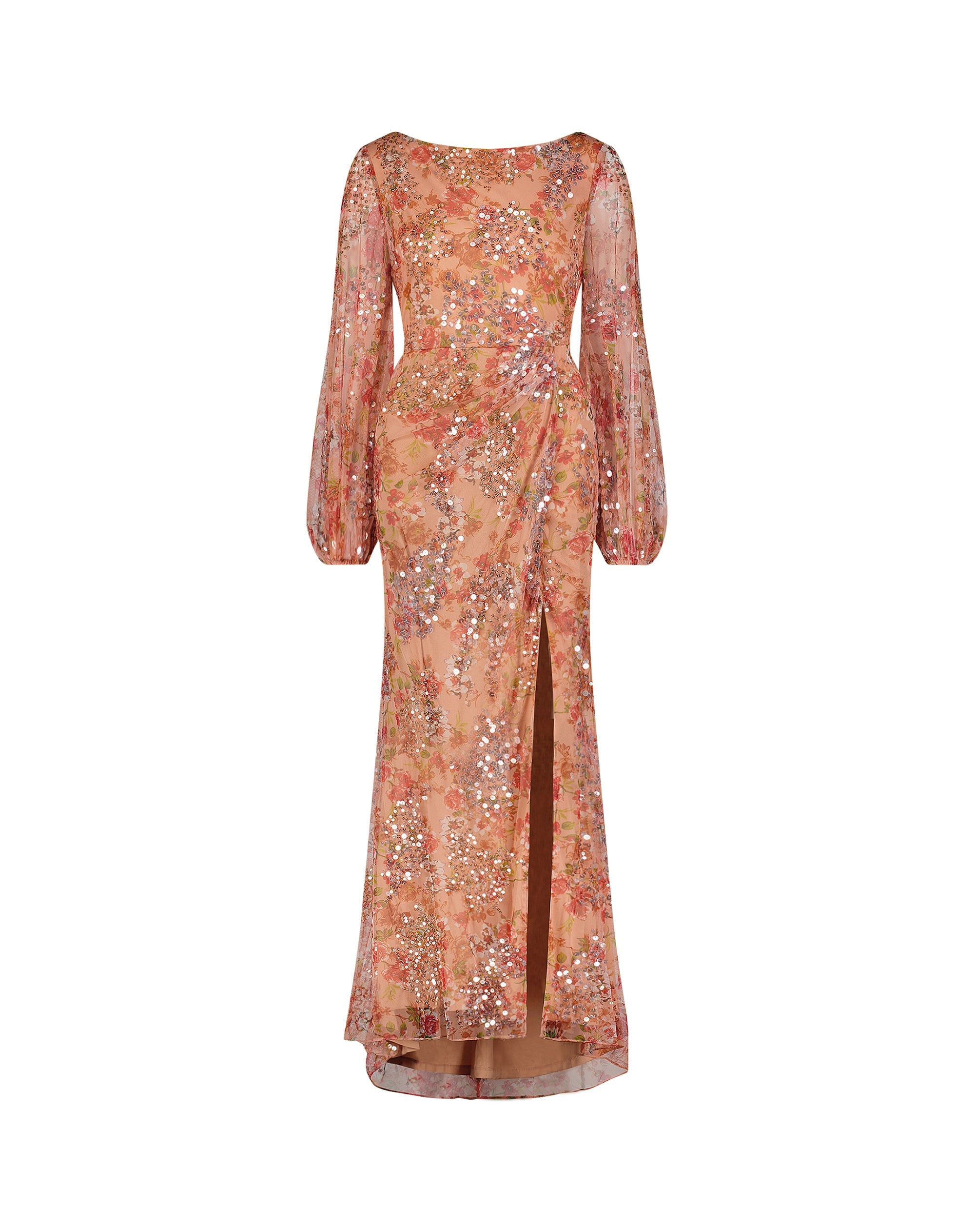 Shop Floral Print Sequined Puff Sleeve Gown Online