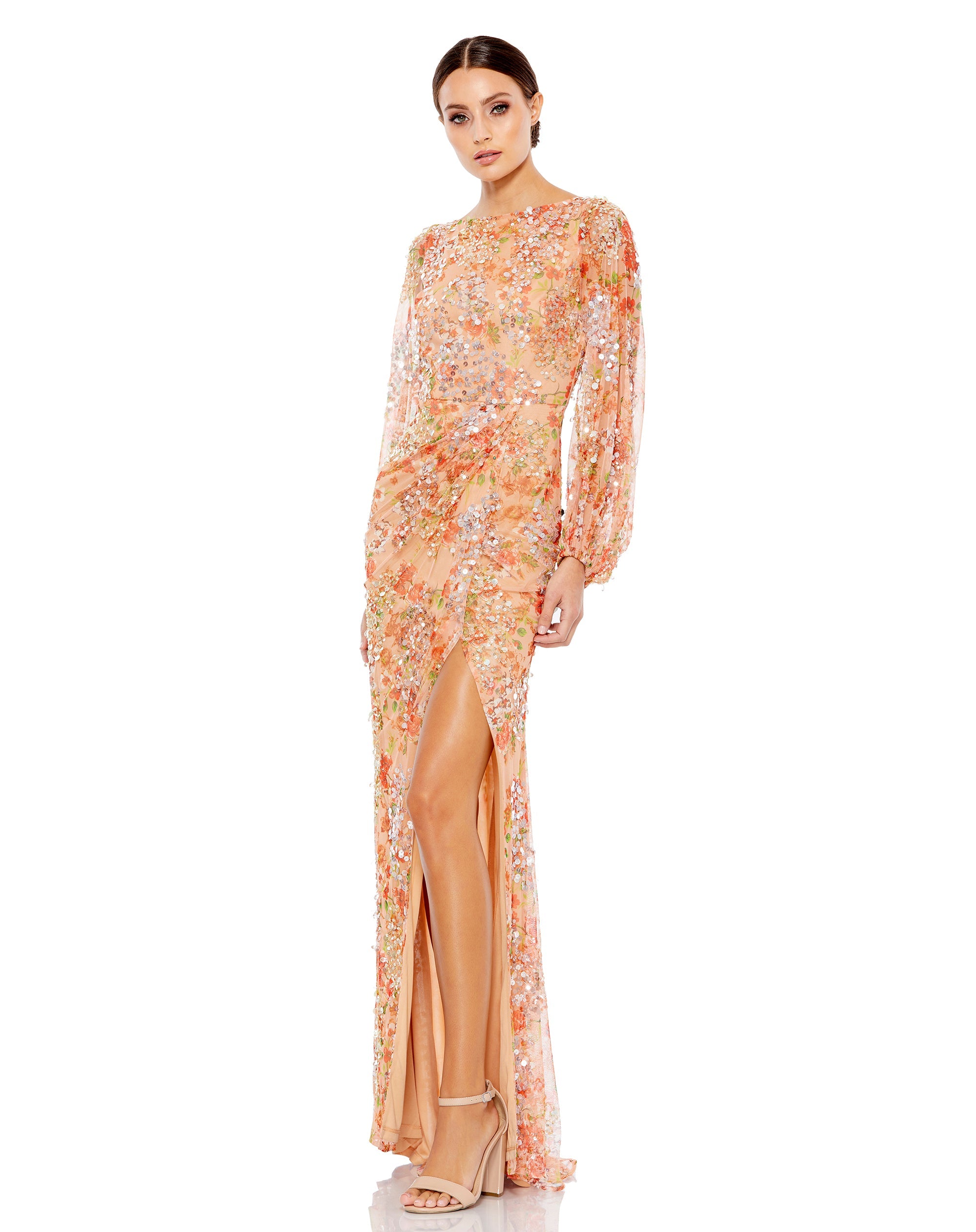 Shop Floral Print Sequined Puff Sleeve Gown Online
