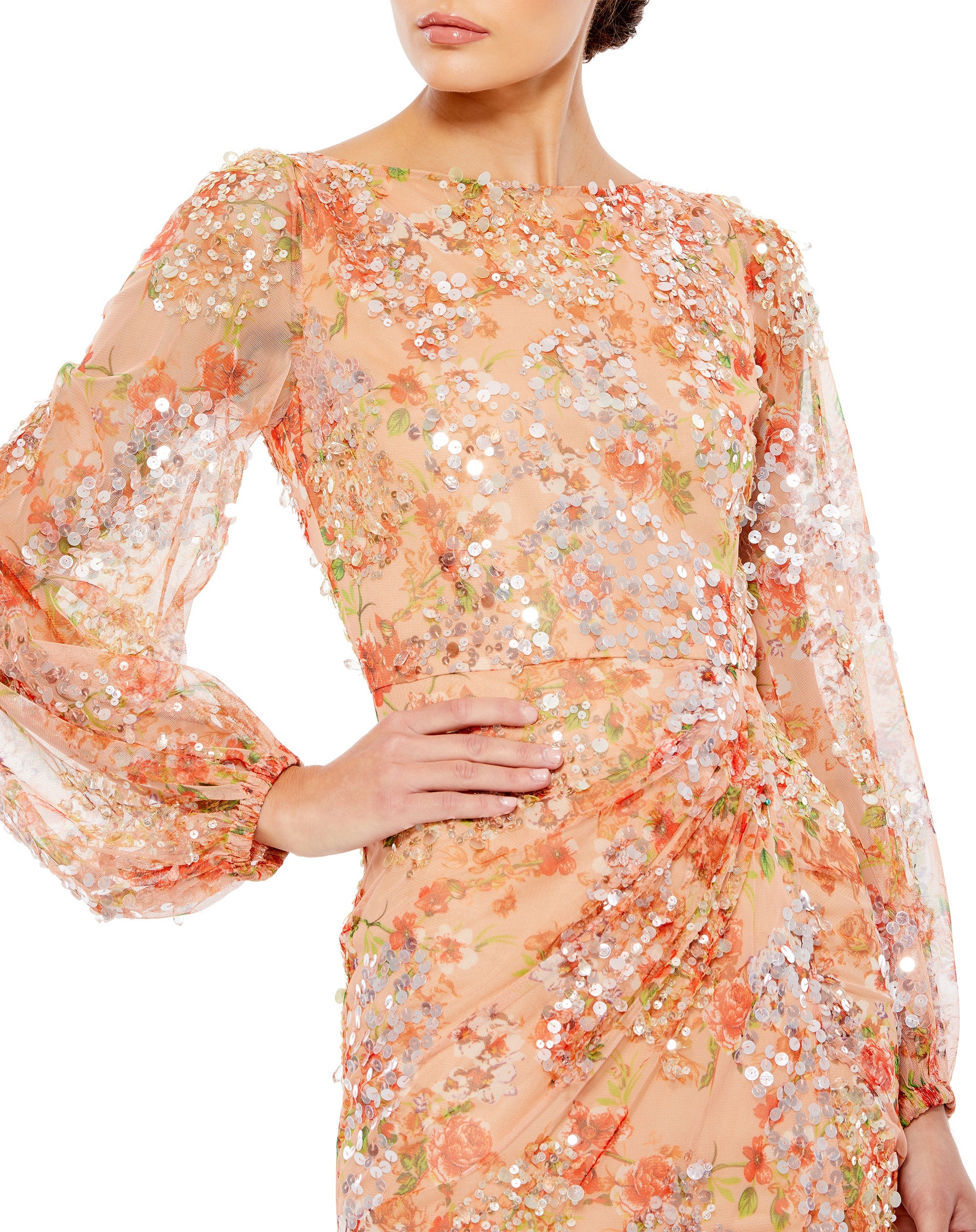 Shop Floral Print Sequined Puff Sleeve Gown Online