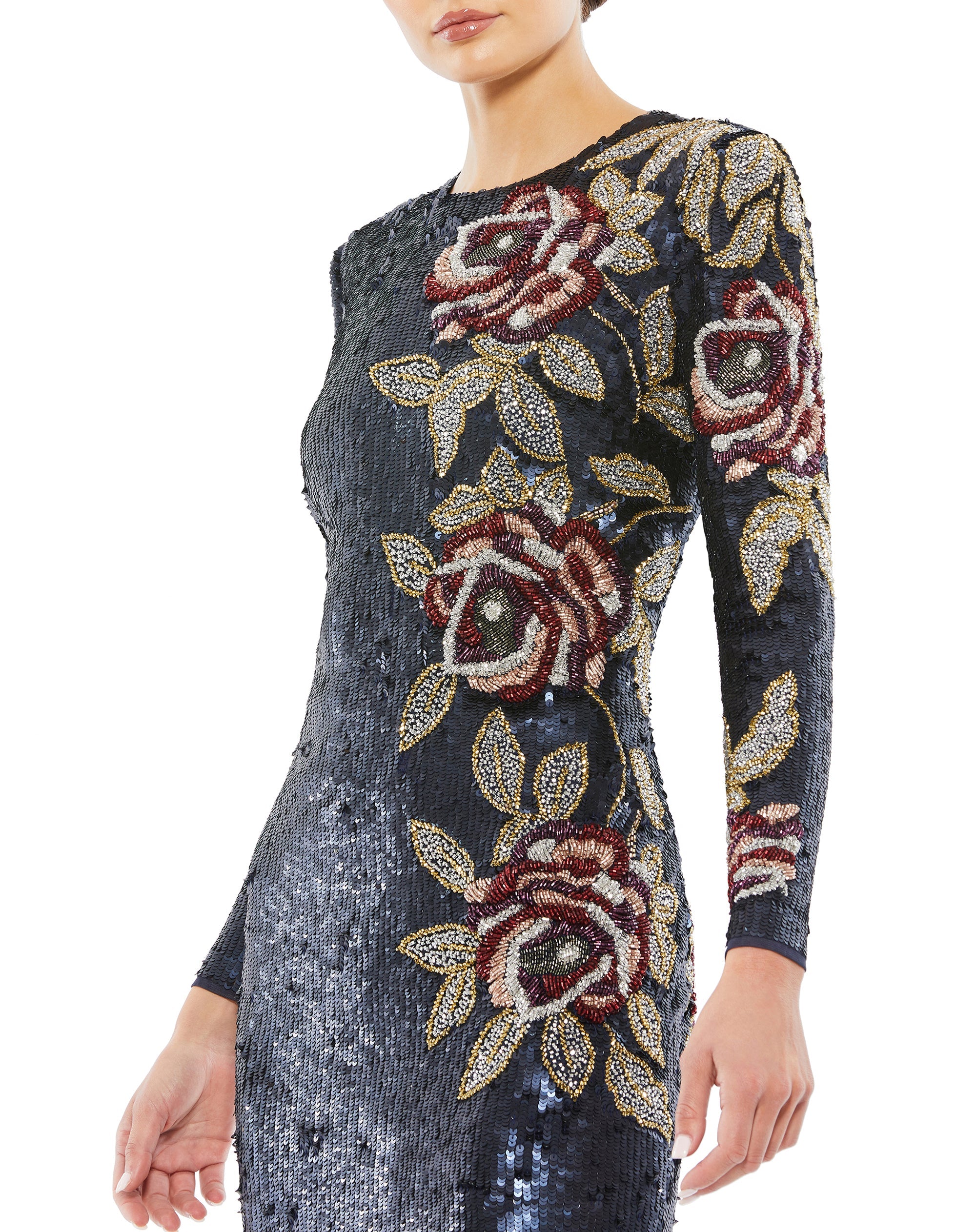 Shop Sequined Asymmetrical Floral Long Sleeve Midi Dress Online