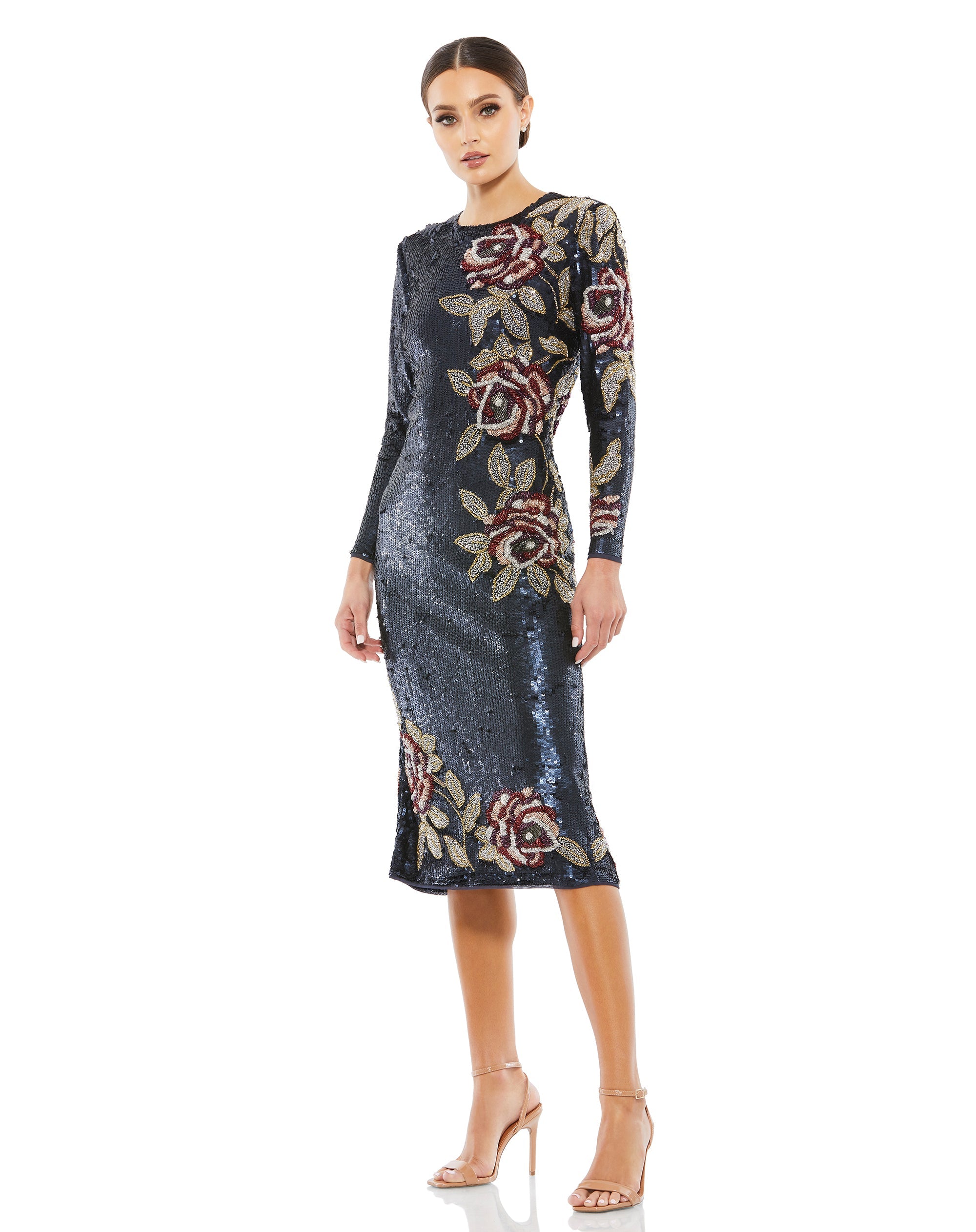 Shop Sequined Asymmetrical Floral Long Sleeve Midi Dress Online